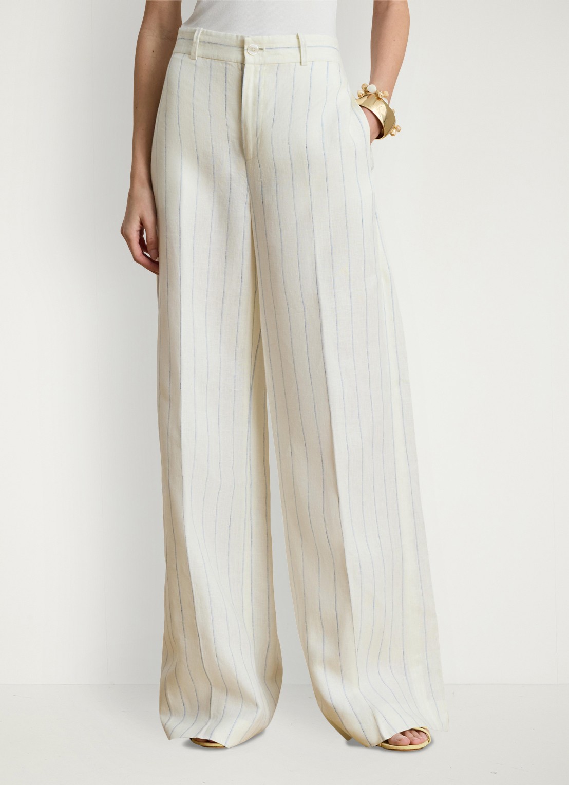 Ralph Lauren High waist wide fit pantalon van linnen met streepprint - detail 3 white/blue multi-2wxu