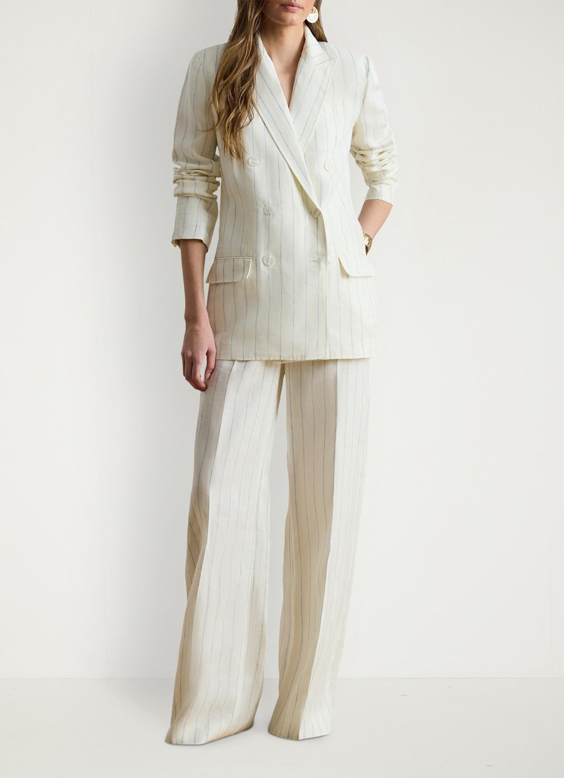 Ralph Lauren High waist wide fit pantalon van linnen met streepprint - voorkant 2 white/blue multi-2wxu