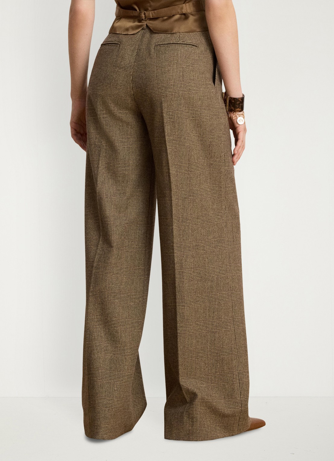 Ralph Lauren High waist wide fit pantalon van wol en ruitdessin - achterkant 3 brown/tan multi / bruin
