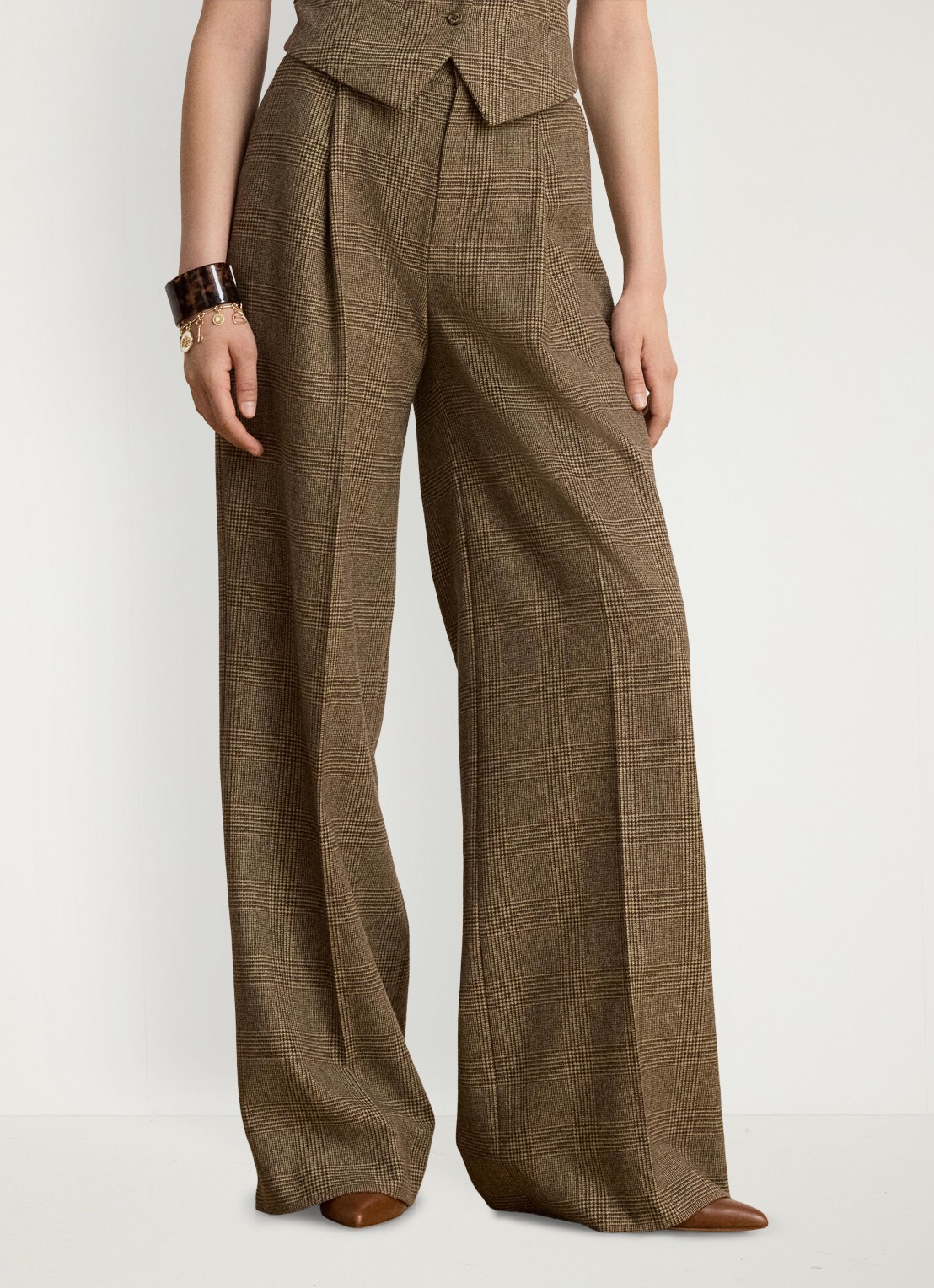 Ralph Lauren High waist wide fit pantalon van wol en ruitdessin - detail brown/tan multi / bruin