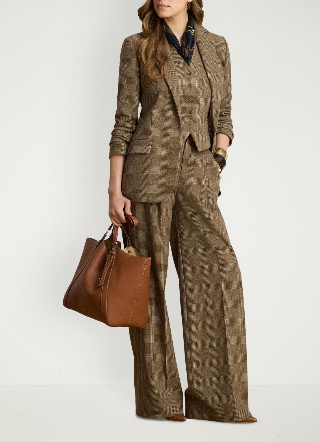 Ralph Lauren High waist wide fit pantalon van wol en ruitdessin - voorkant 5 brown/tan multi / bruin