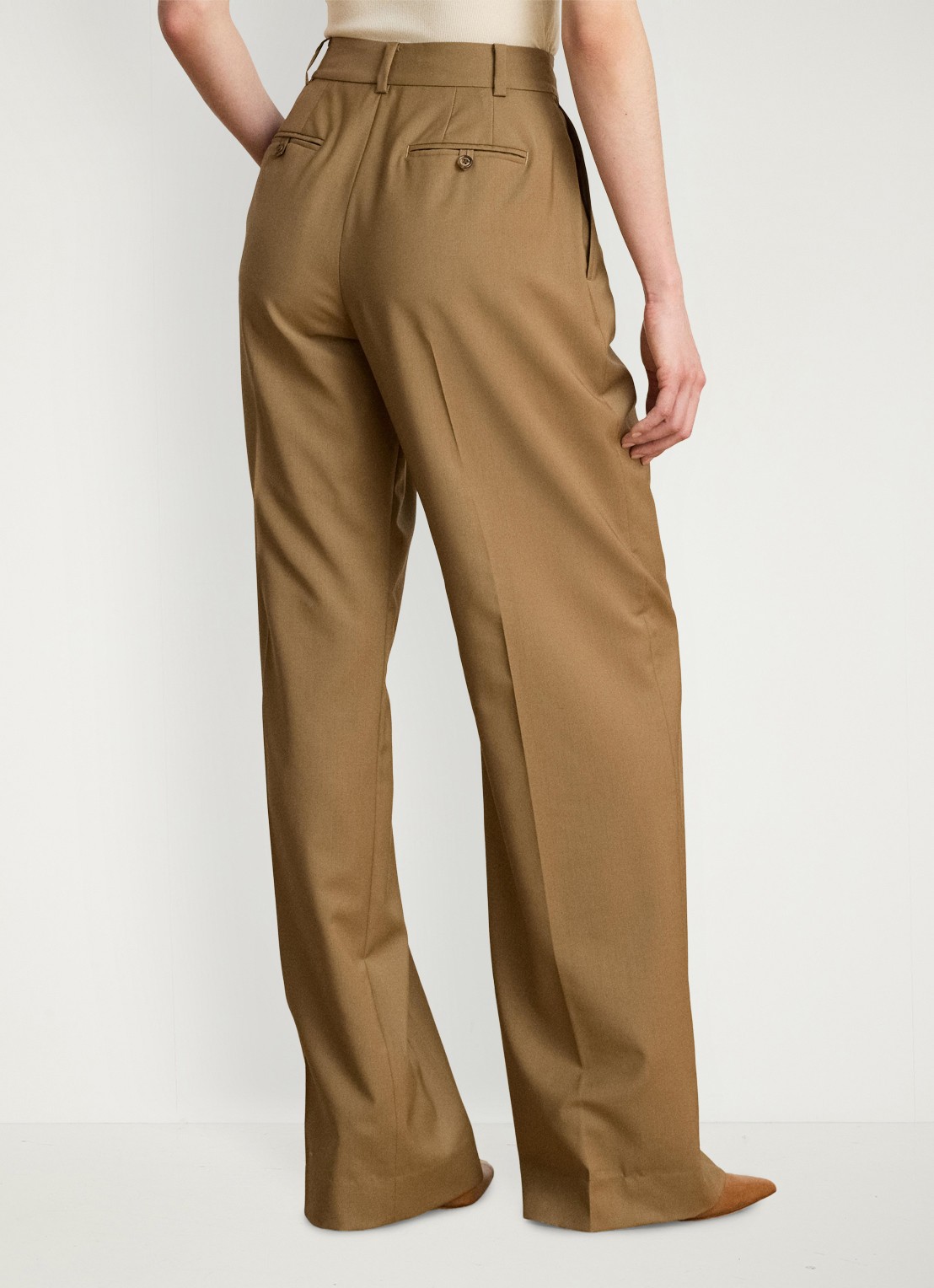 Ralph Lauren High waist wide fit pantalon van wol met steekzakken - achterkant honey tan / beige