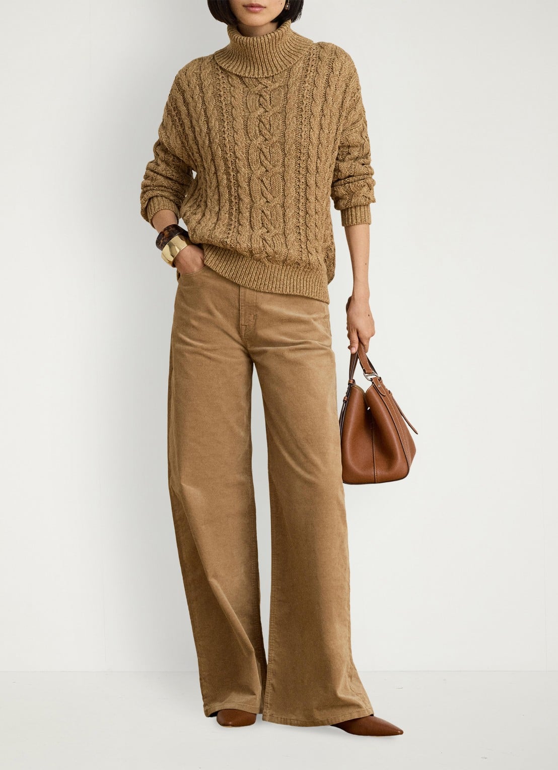 Ralph Lauren High waist wide leg jeans van corduroy - voorkant 2 lauren camel / beige