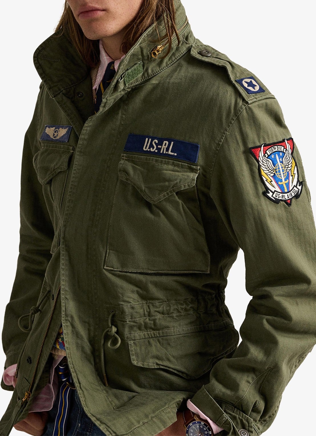 Ralph Lauren Jack met opbergbare capuchon en klepzakken - detail 4 olive mountain w/ patches / groen