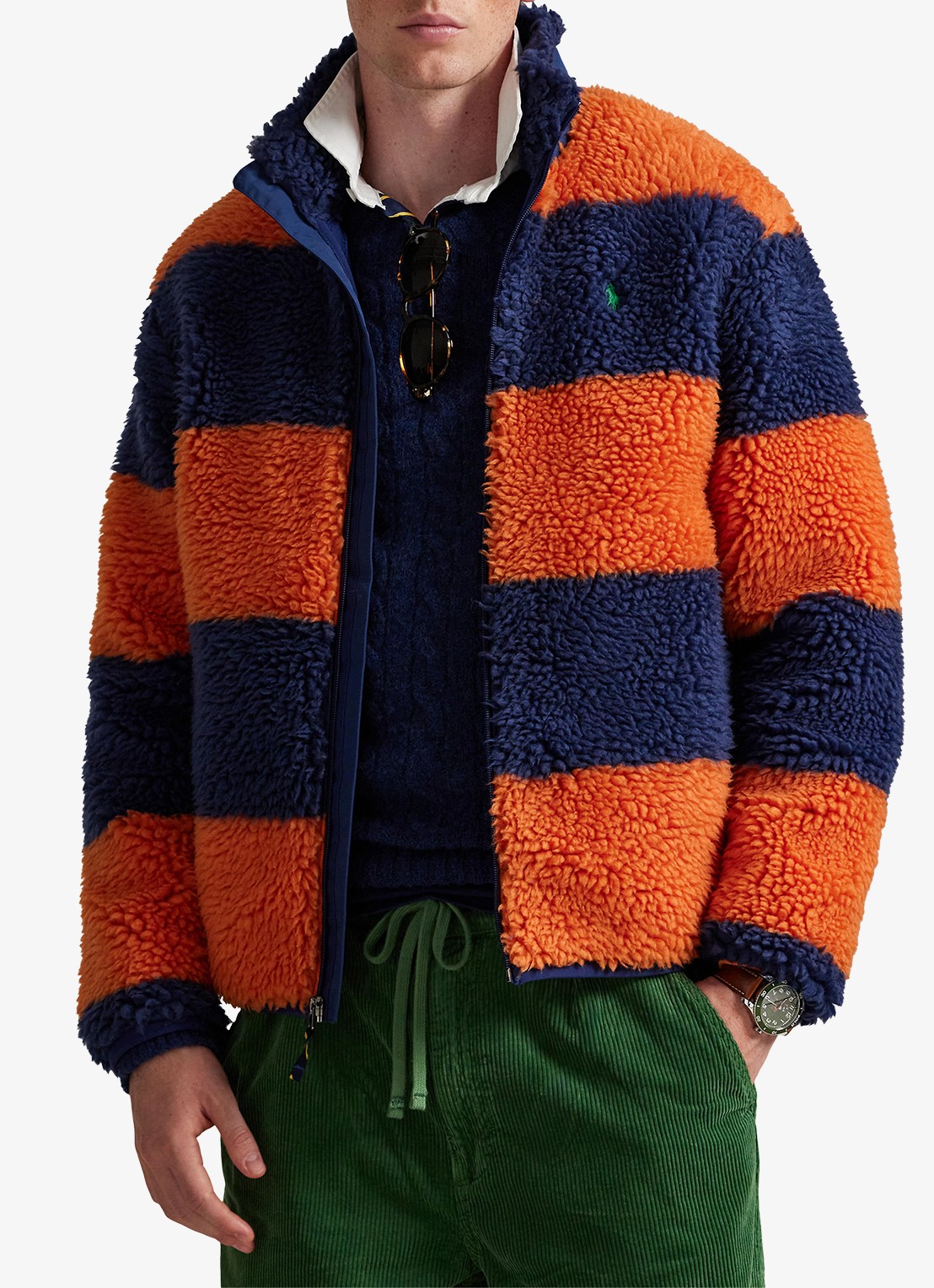 Ralph Lauren Jack van fleece met streepprint - detail brght preppy orange / oranje