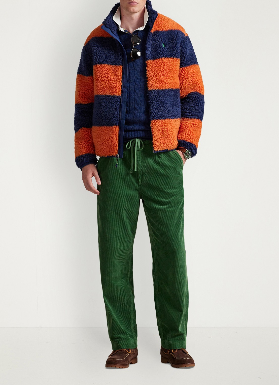 Ralph Lauren Jack van fleece met streepprint - voorkant 3 brght preppy orange / oranje