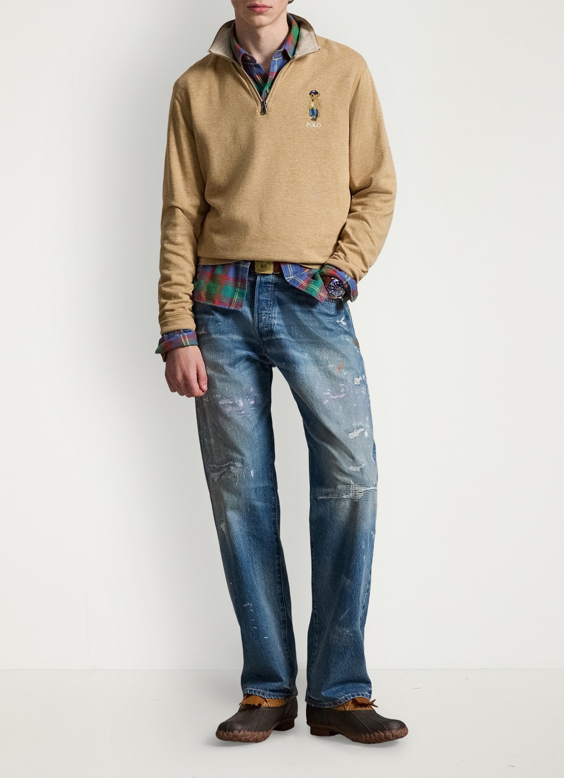 Ralph Lauren Jersey double-knit trui met Polo Bear - detail camel