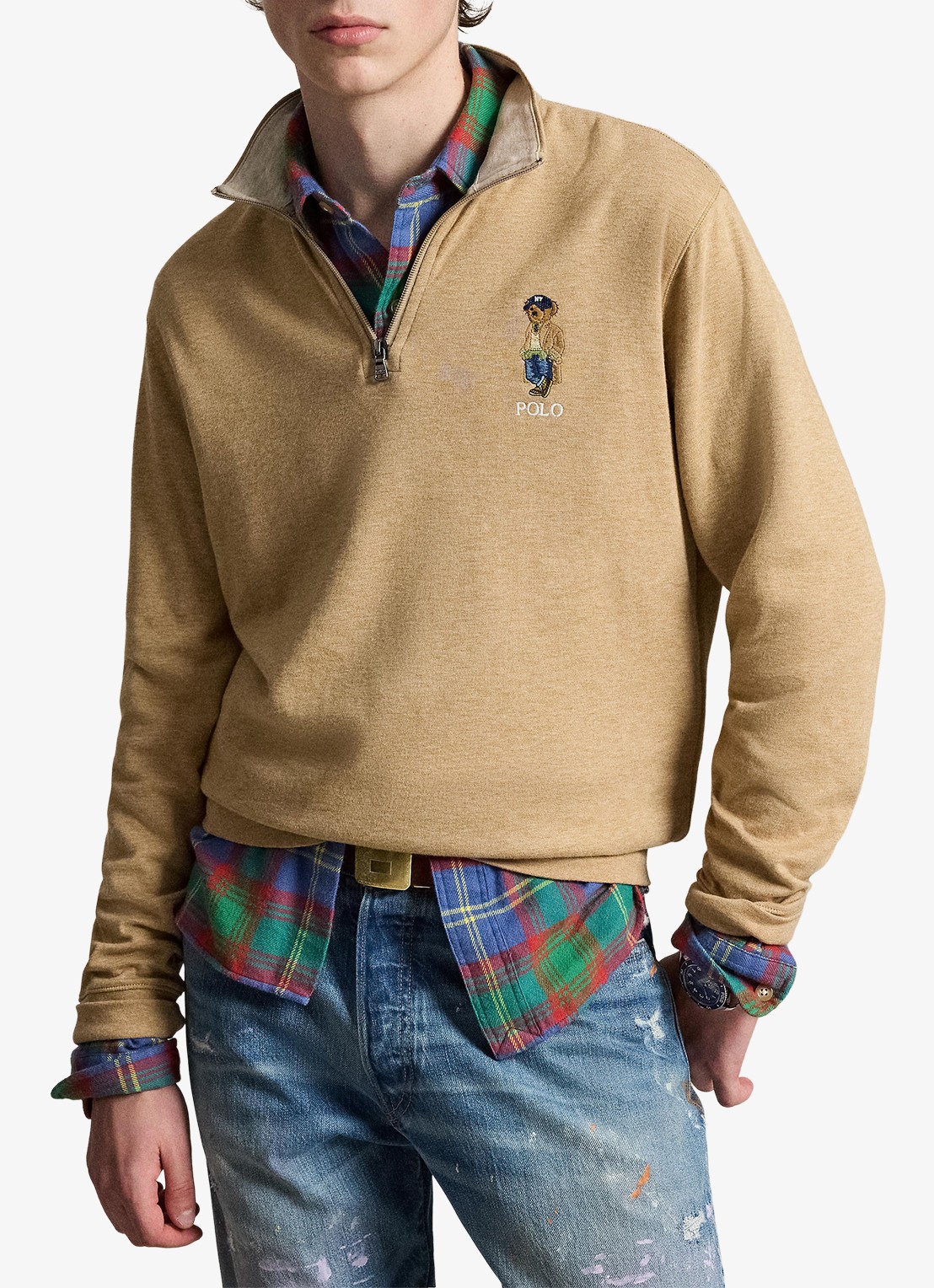 Ralph Lauren Jersey double-knit trui met Polo Bear - voorkant 5 camel