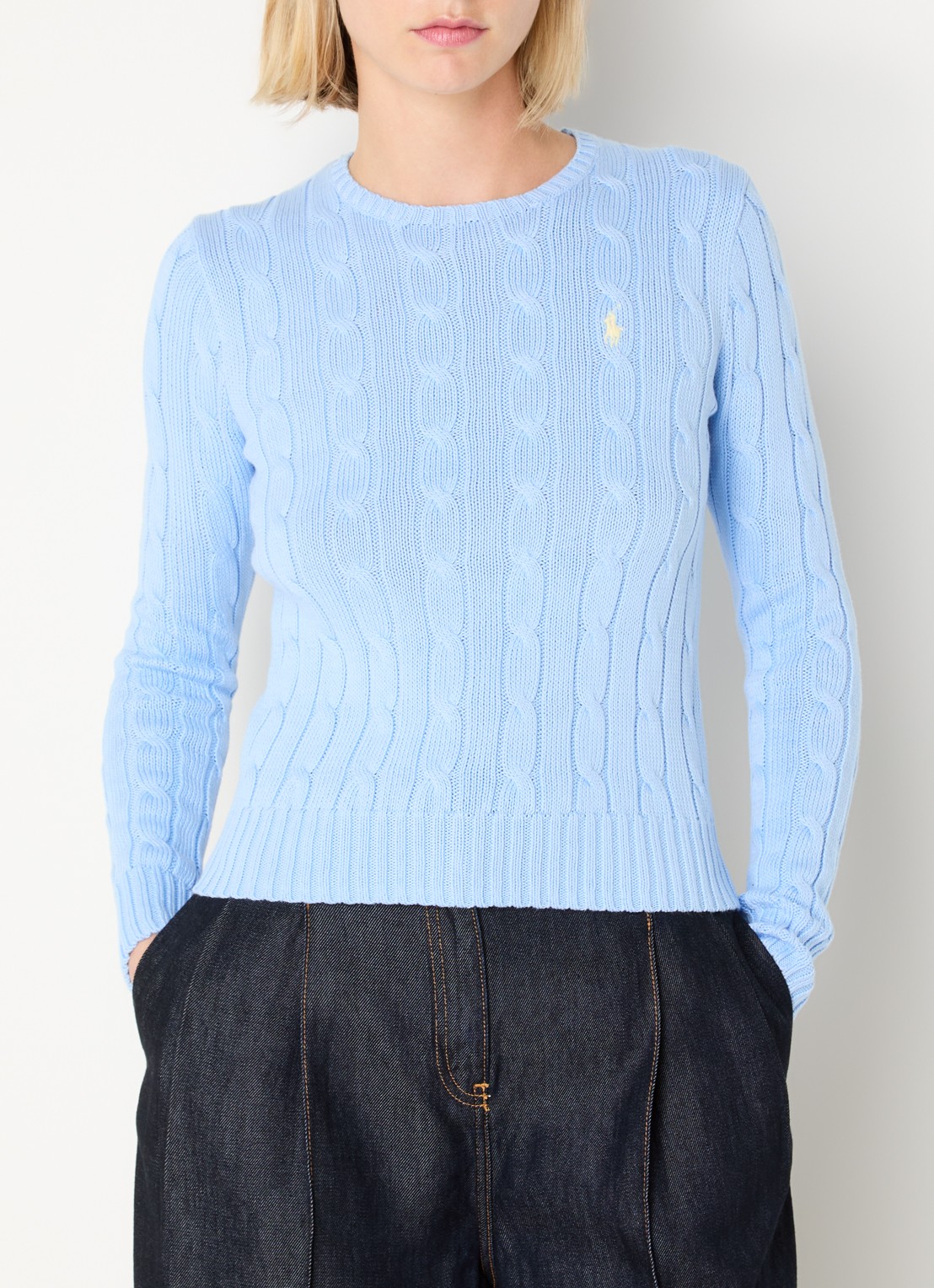 Ralph Lauren Julianna kabelgebreide pullover met logoborduring - detail staalblauw