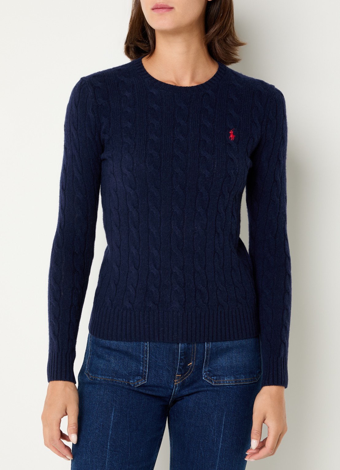 Ralph Lauren Julianna kabelgebreide trui in kasjmierblend met logoborduring - detail 4 donkerblauw