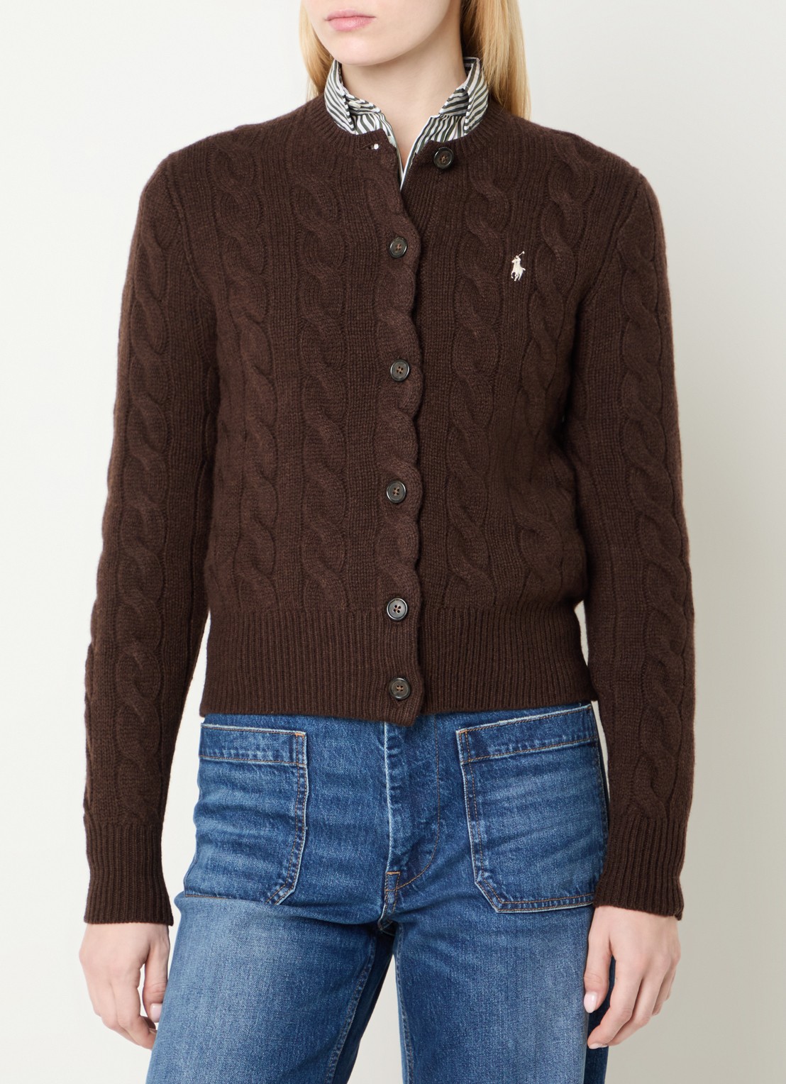 Ralph Lauren Kabelgebreid vest in kasjmier wolblend met logoborduring - detail bruin