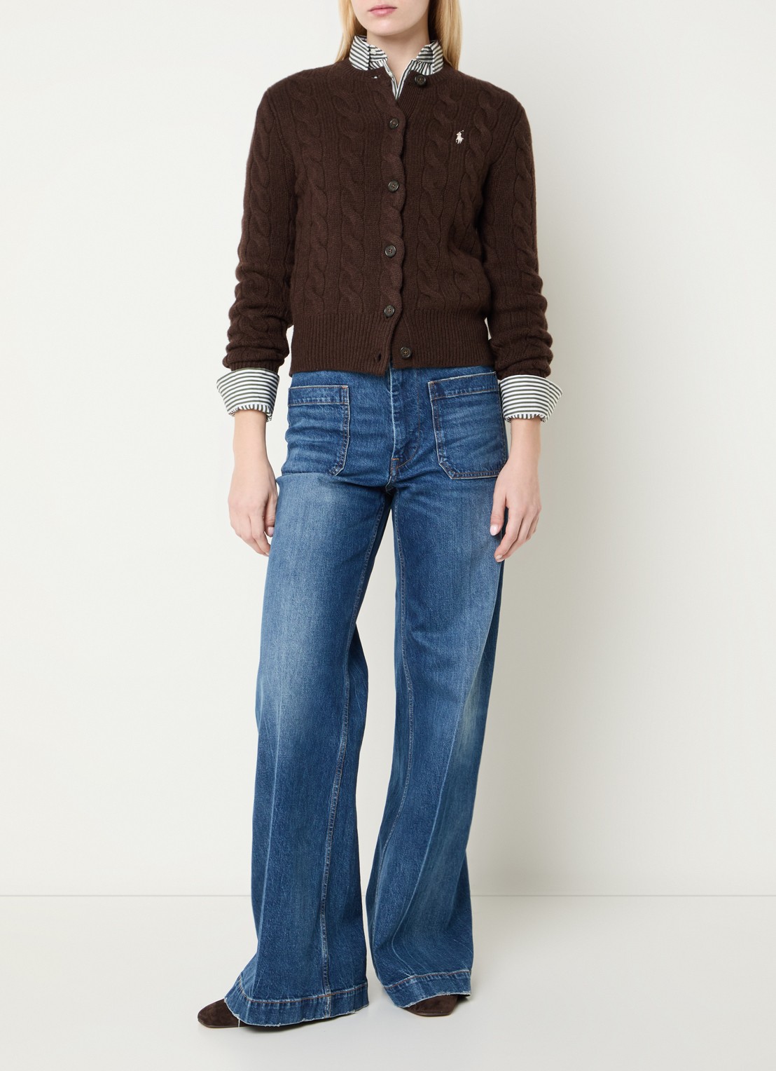 Ralph Lauren Kabelgebreid vest in kasjmier wolblend met logoborduring - voorkant 3 bruin