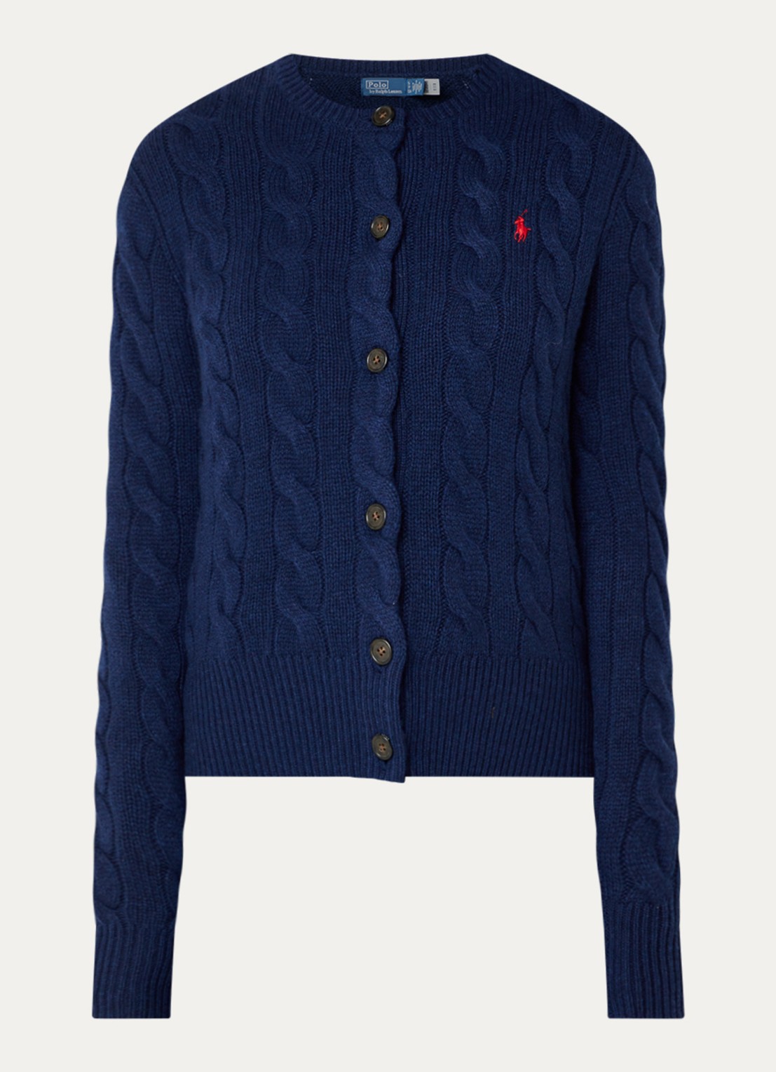 Ralph Lauren Kabelgebreid vest in kasjmier wolblend met logoborduring - voorkant donkerblauw