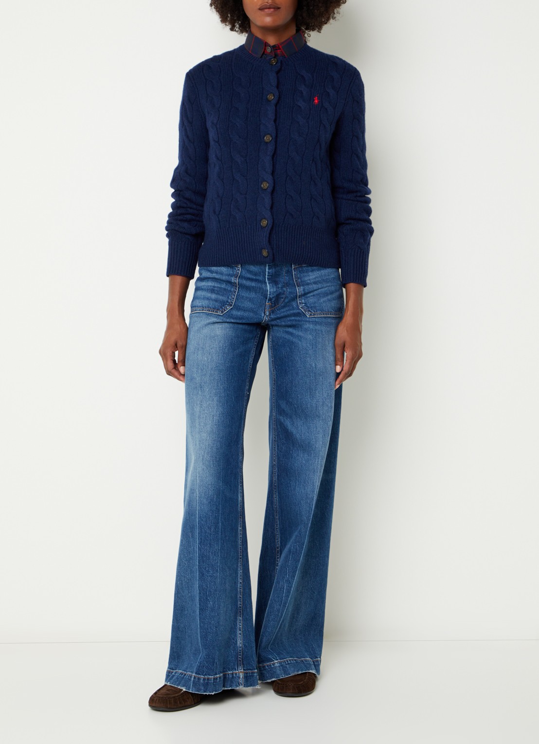 Ralph Lauren Kabelgebreid vest in kasjmier wolblend met logoborduring - voorkant 2 donkerblauw