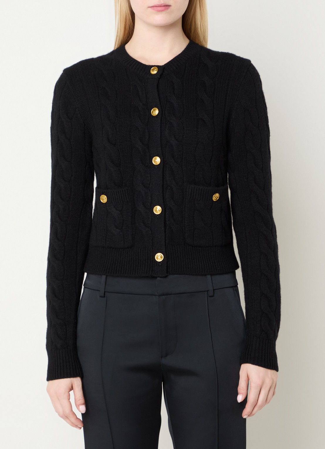 Ralph Lauren Kabelgebreid vest in kasjmier wolblend met opgestikte zakken - detail 3 zwart