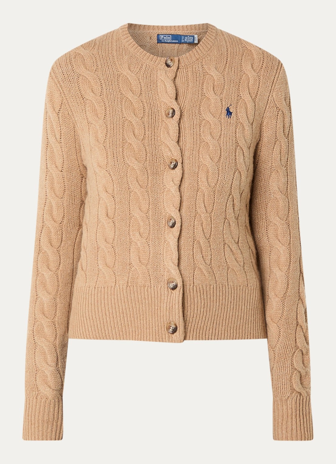 Ralph Lauren Kabelgebreid vest in kasjmierblend - voorkant camel
