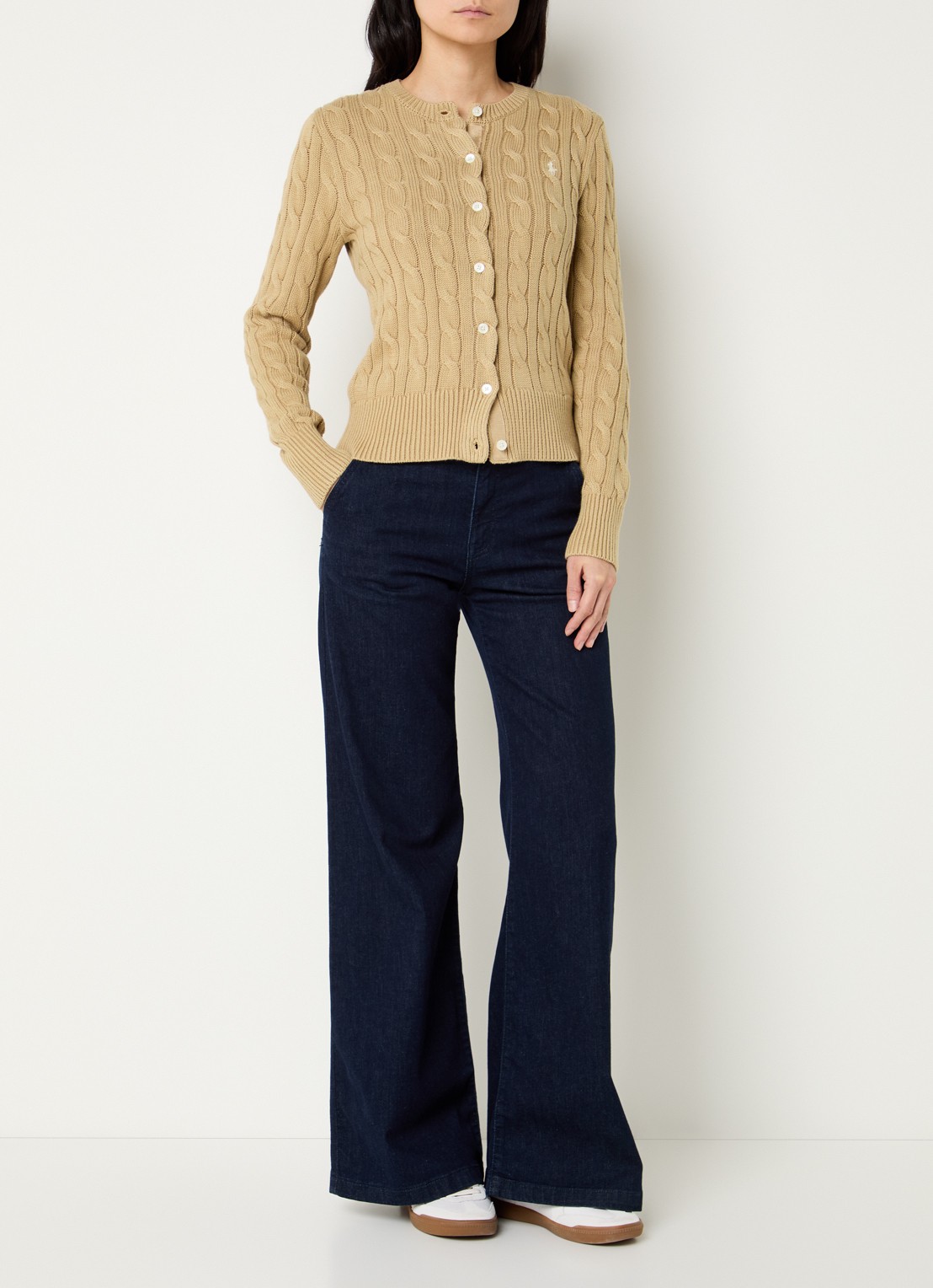Ralph Lauren Kabelgebreid vest met logoborduring - voorkant 4 camel