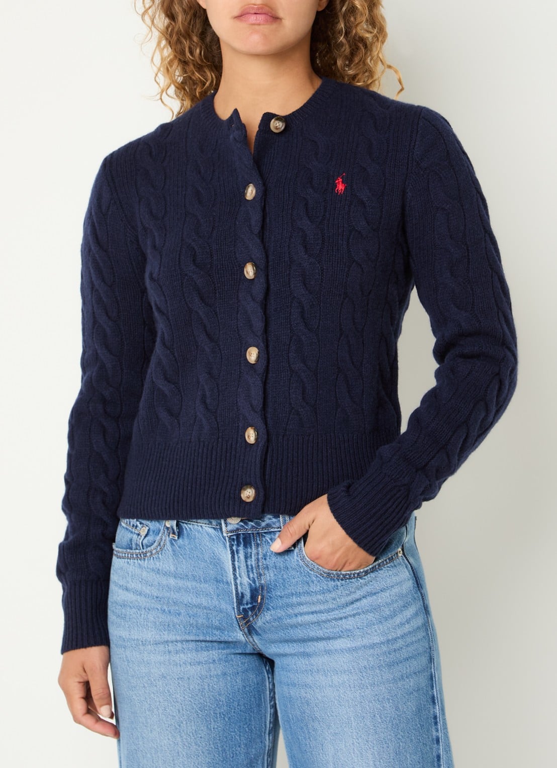 Ralph Lauren Kabelgebreid vest met logoborduring - detail donkerblauw