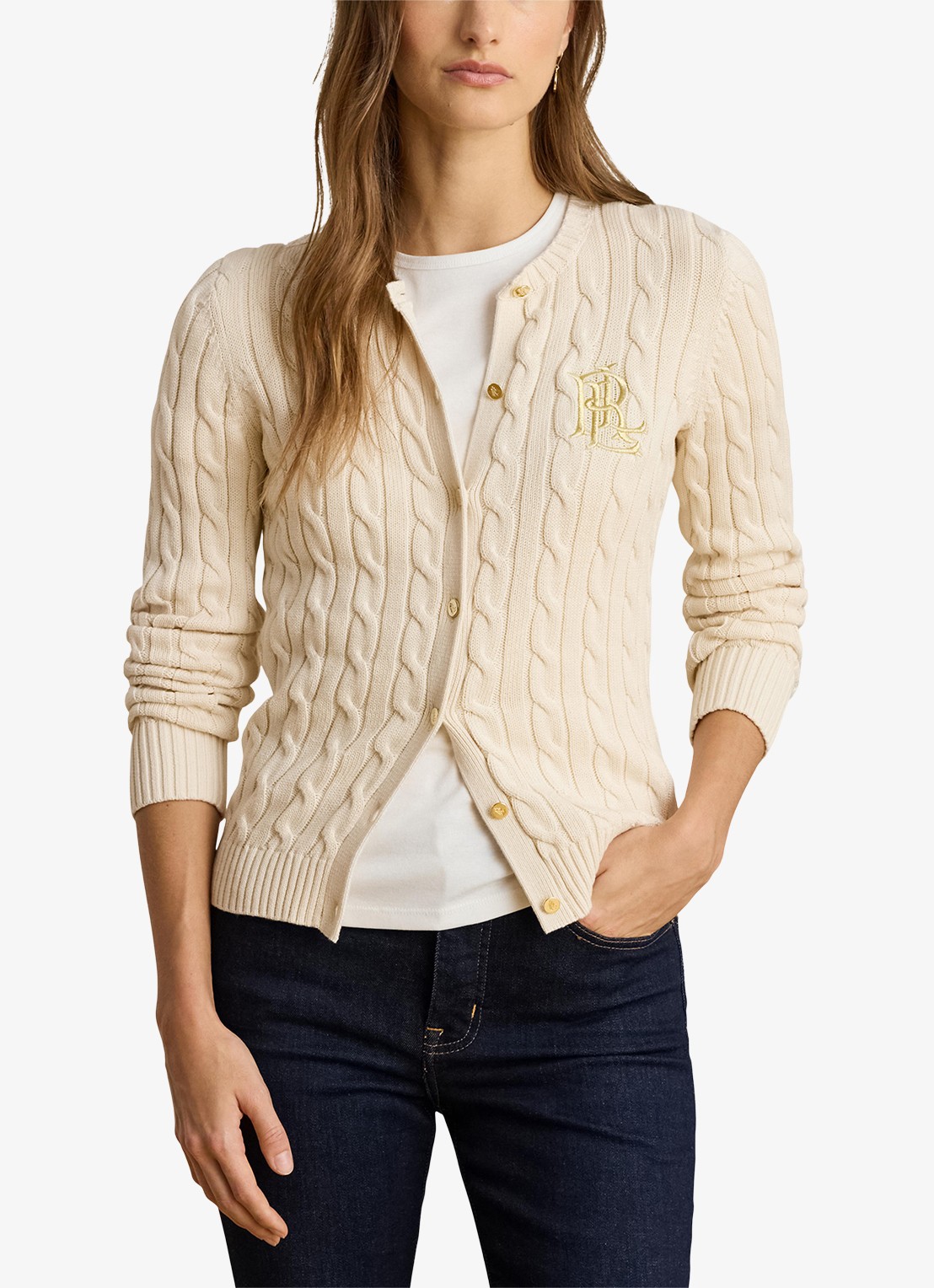 Ralph Lauren Kabelgebreid vest met logoborduring - detail 3 mascarpone cream / beige