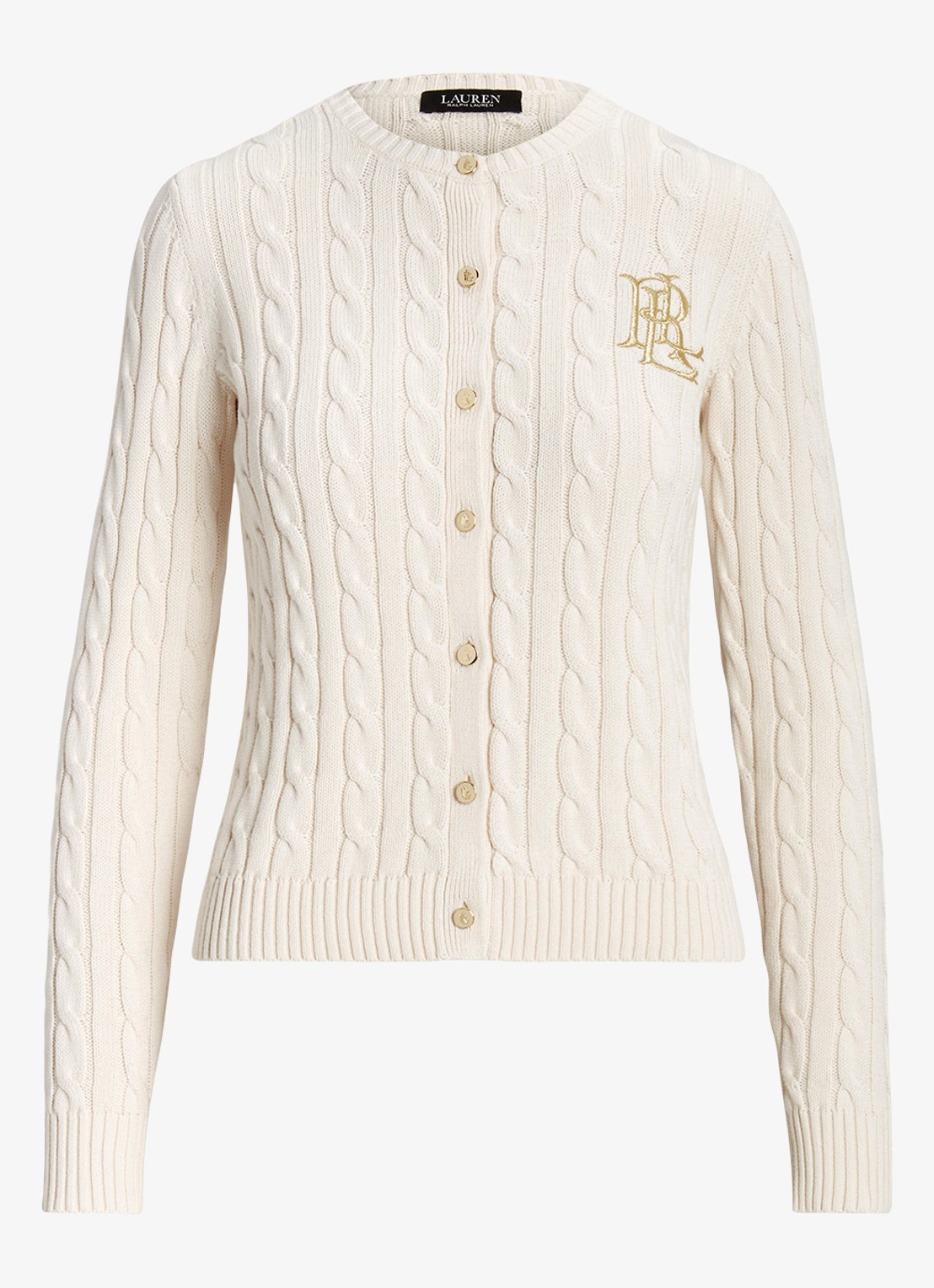 Ralph Lauren Kabelgebreid vest met logoborduring - voorkant 5 mascarpone cream / beige