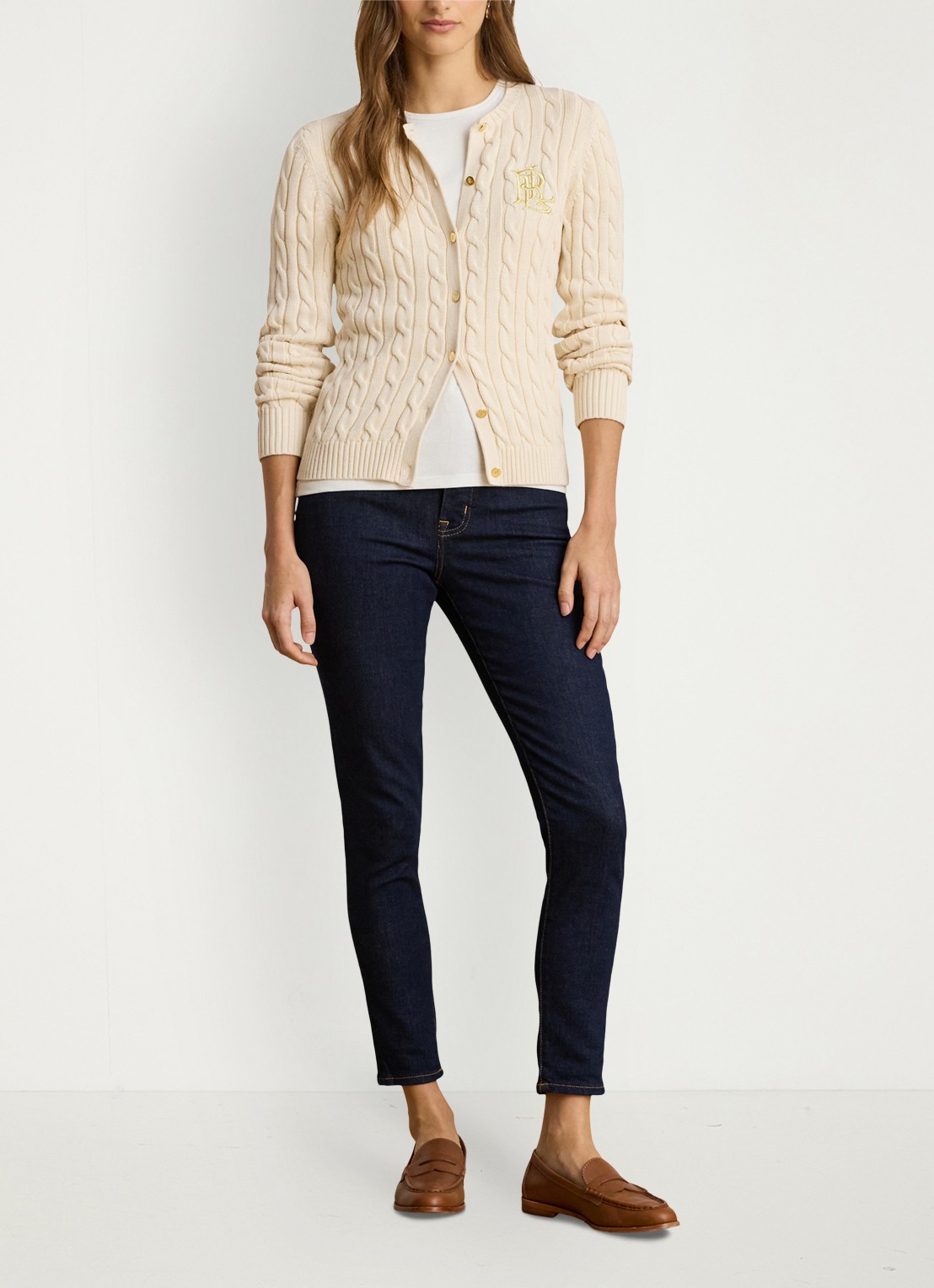Ralph Lauren Kabelgebreid vest met logoborduring - voorkant 6 mascarpone cream / beige