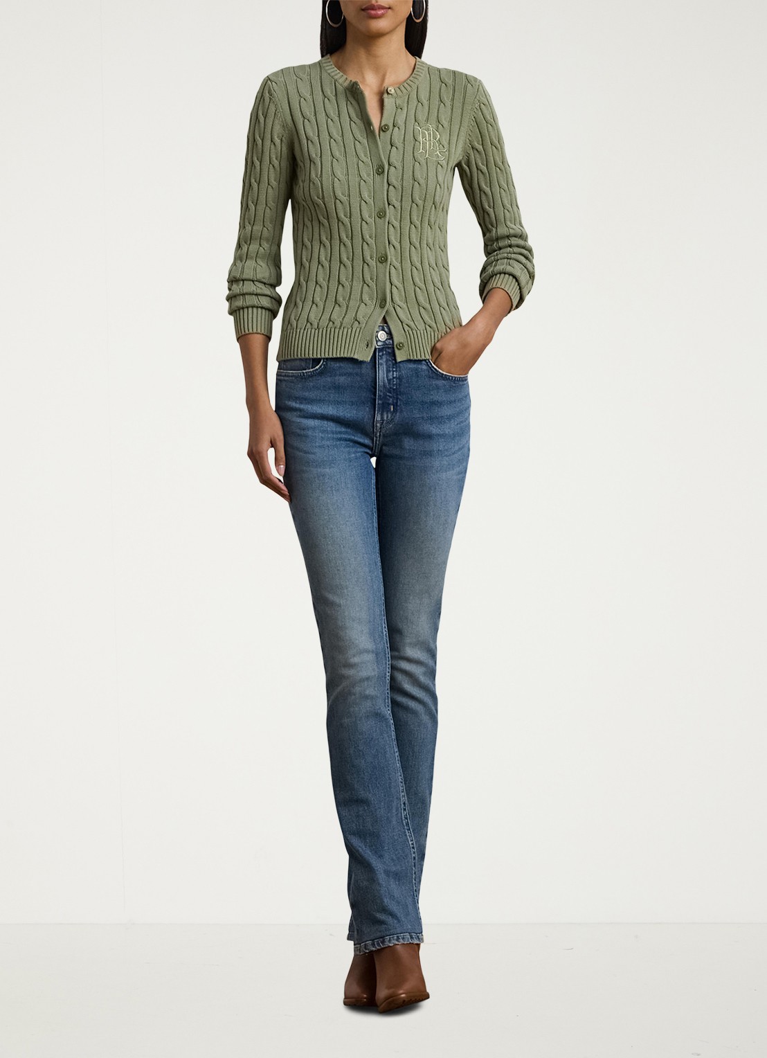 Ralph Lauren Kabelgebreid vest met logoborduring - voorkant 2 sage green / groen