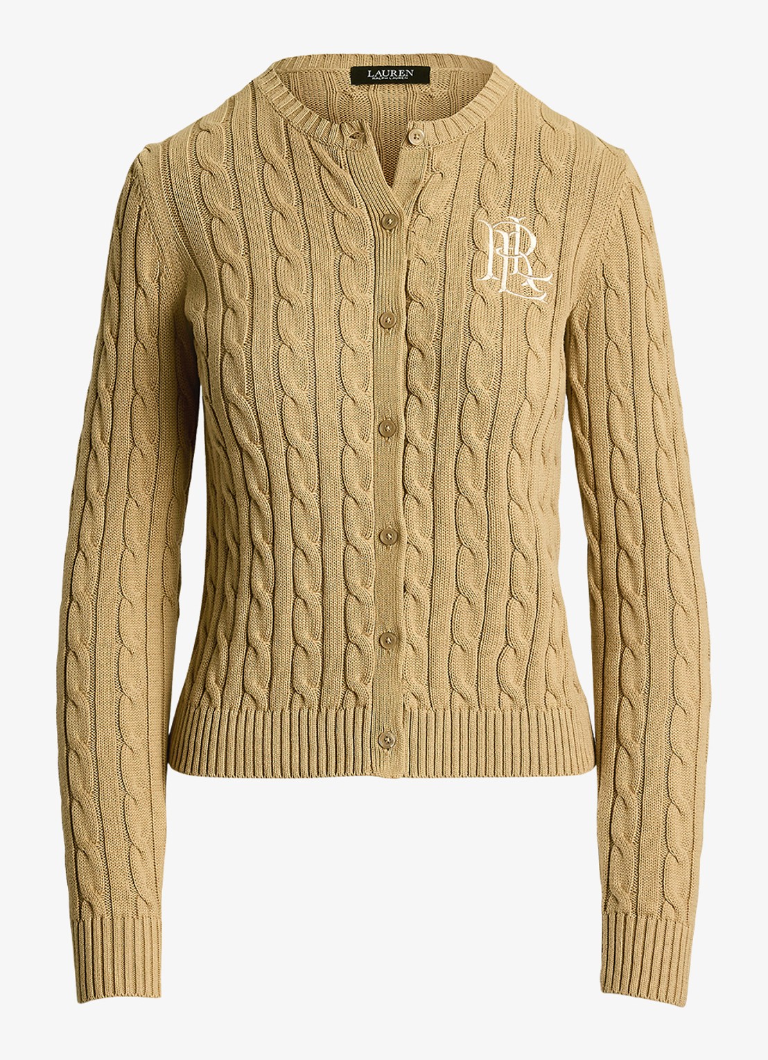 Ralph Lauren Kabelgebreid vest met logoborduring - voorkant birch tan / beige
