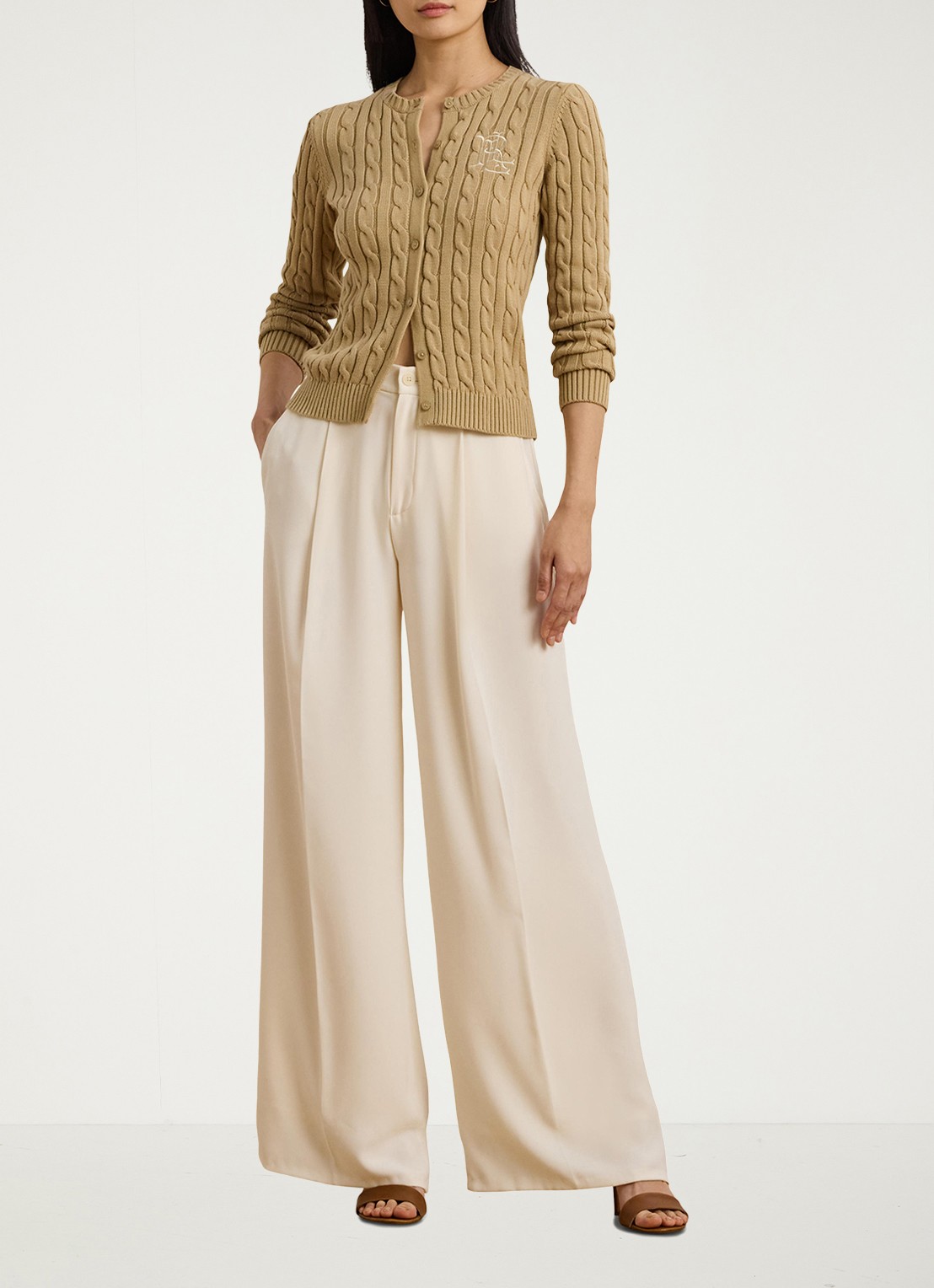 Ralph Lauren Kabelgebreid vest met logoborduring - voorkant 2 birch tan / beige