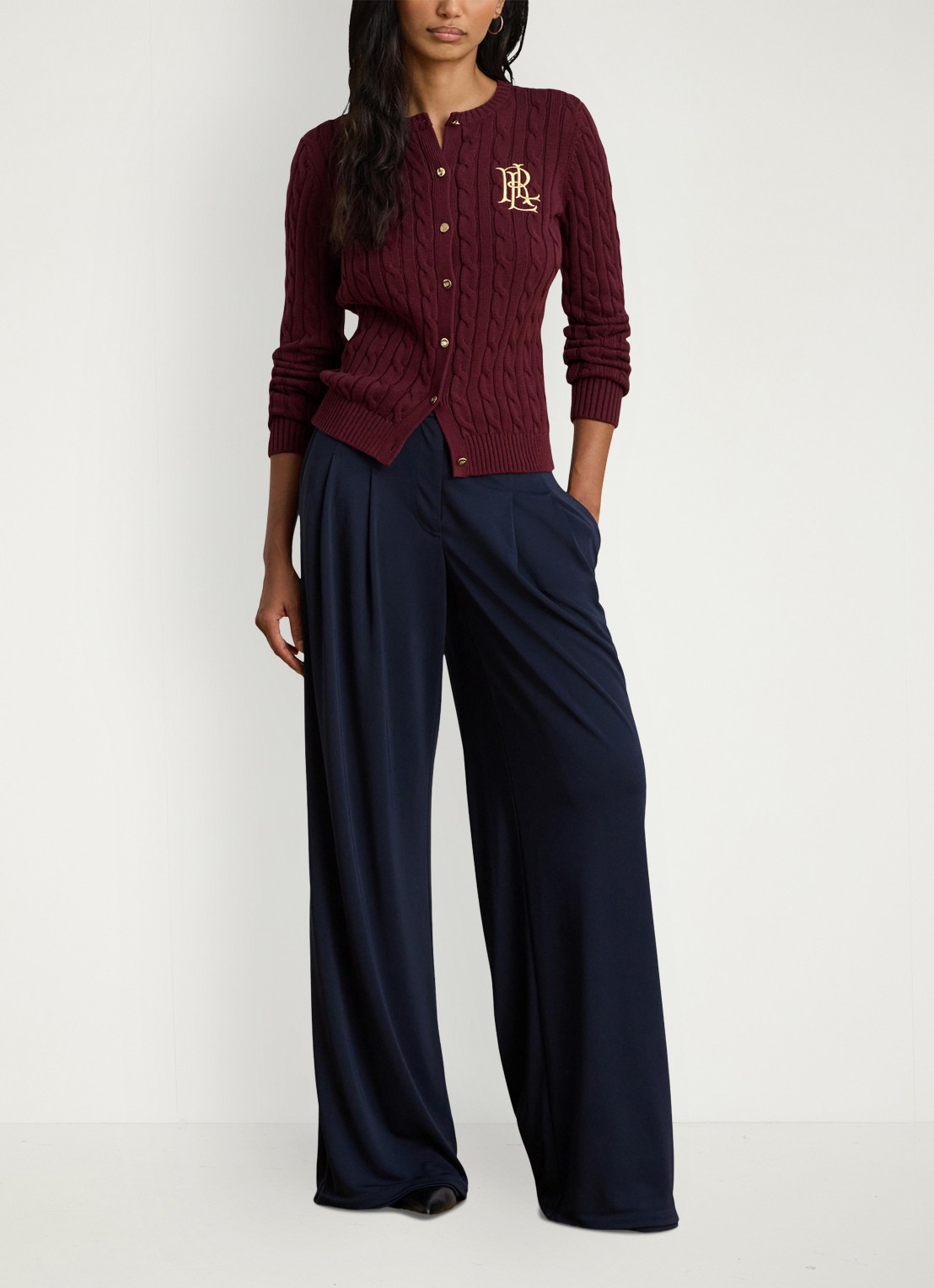 Ralph Lauren Kabelgebreid vest met logoborduring - voorkant 3 dark garnet / bordeauxrood