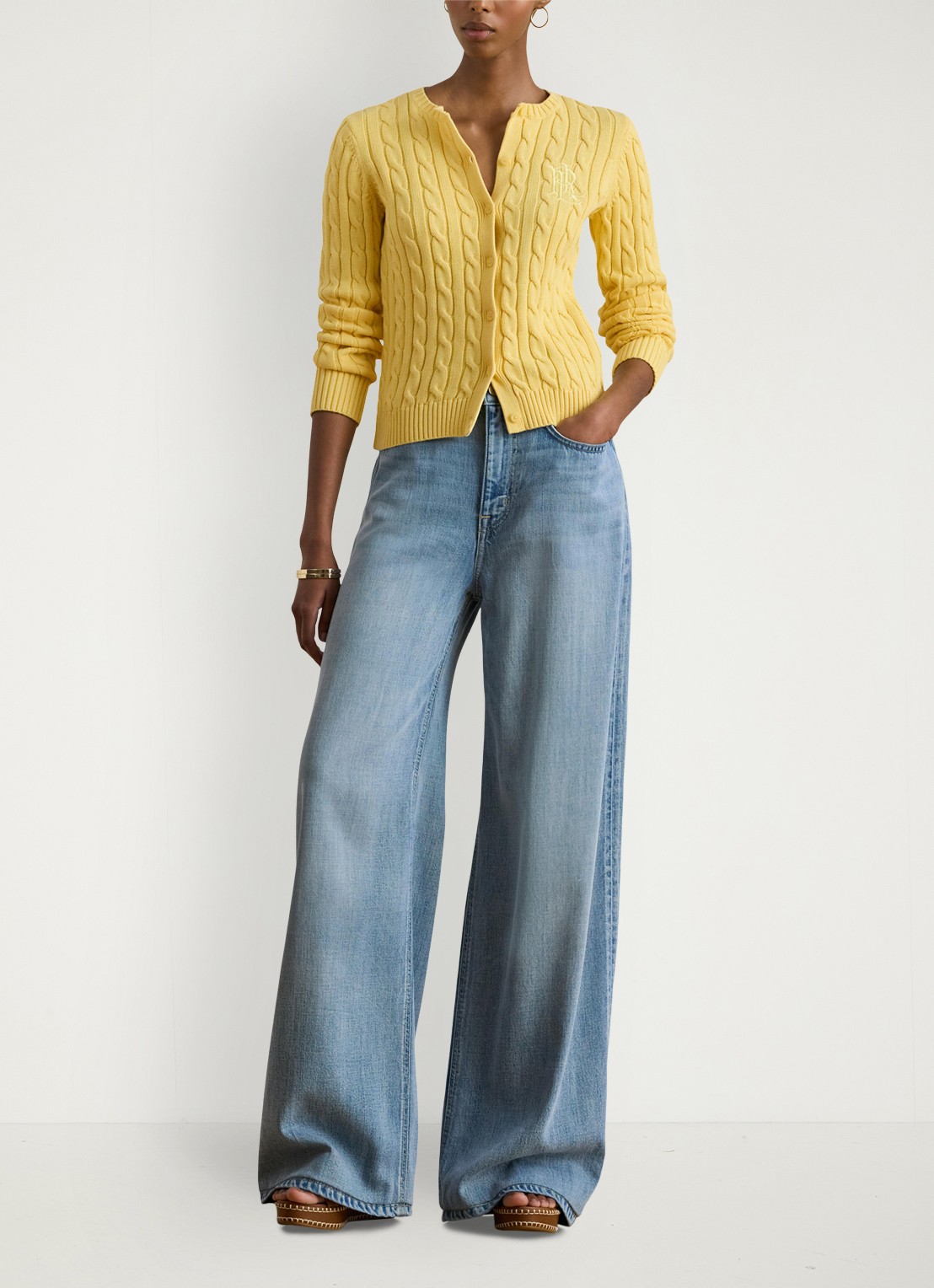Ralph Lauren Kabelgebreid vest met logoborduring - voorkant 5 lemon sorbet / geel