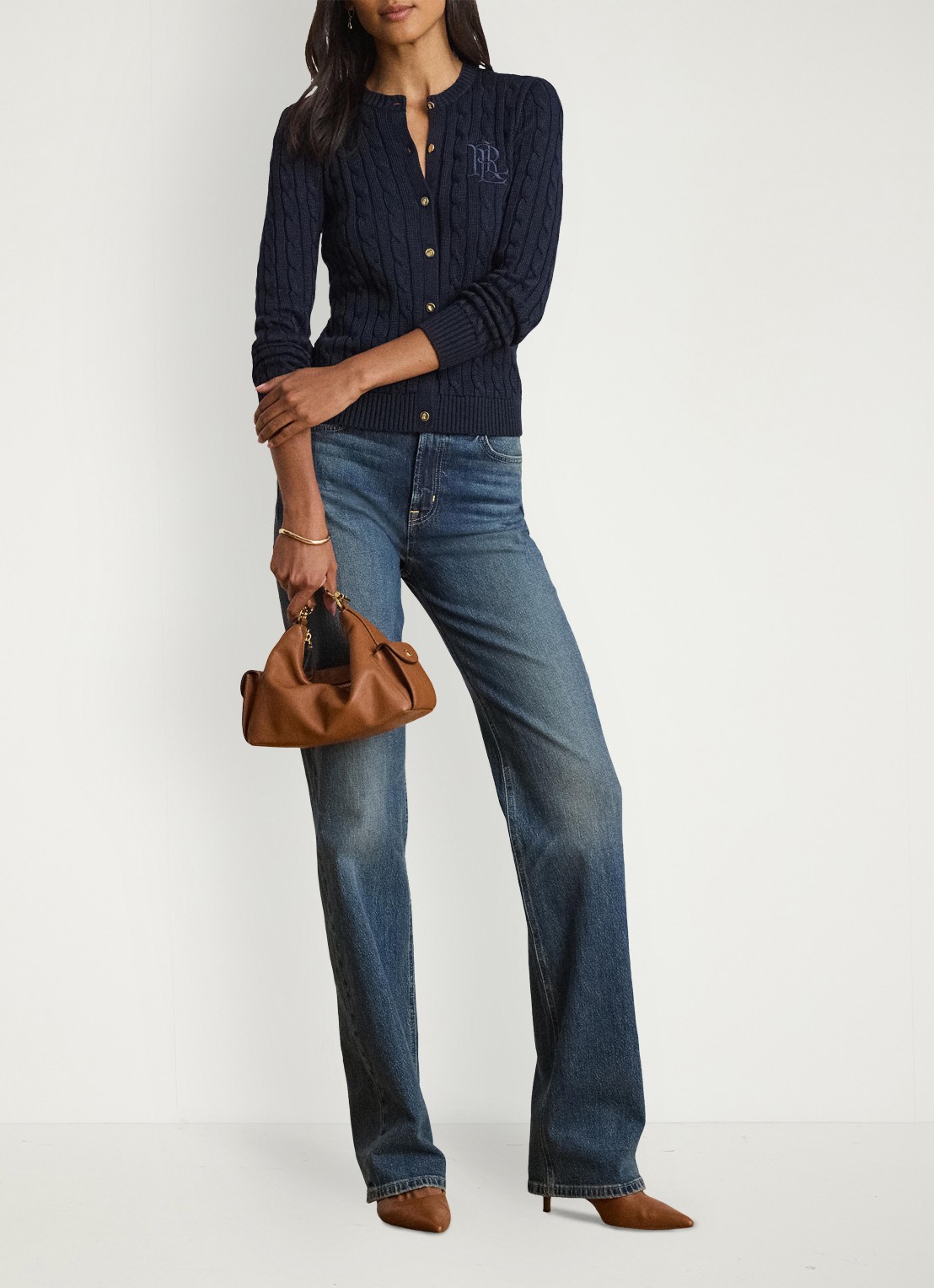 Ralph Lauren Kabelgebreid vest met logoborduring - voorkant 2 lauren navy / blauw