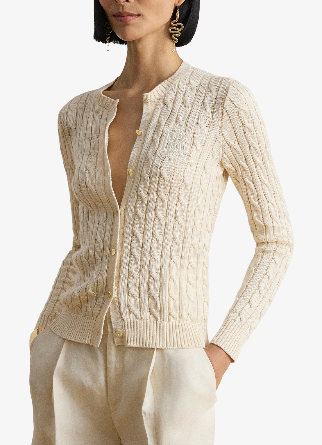 Ralph Lauren Kabelgebreid vest met logoborduring - detail mascarpone crème / crème