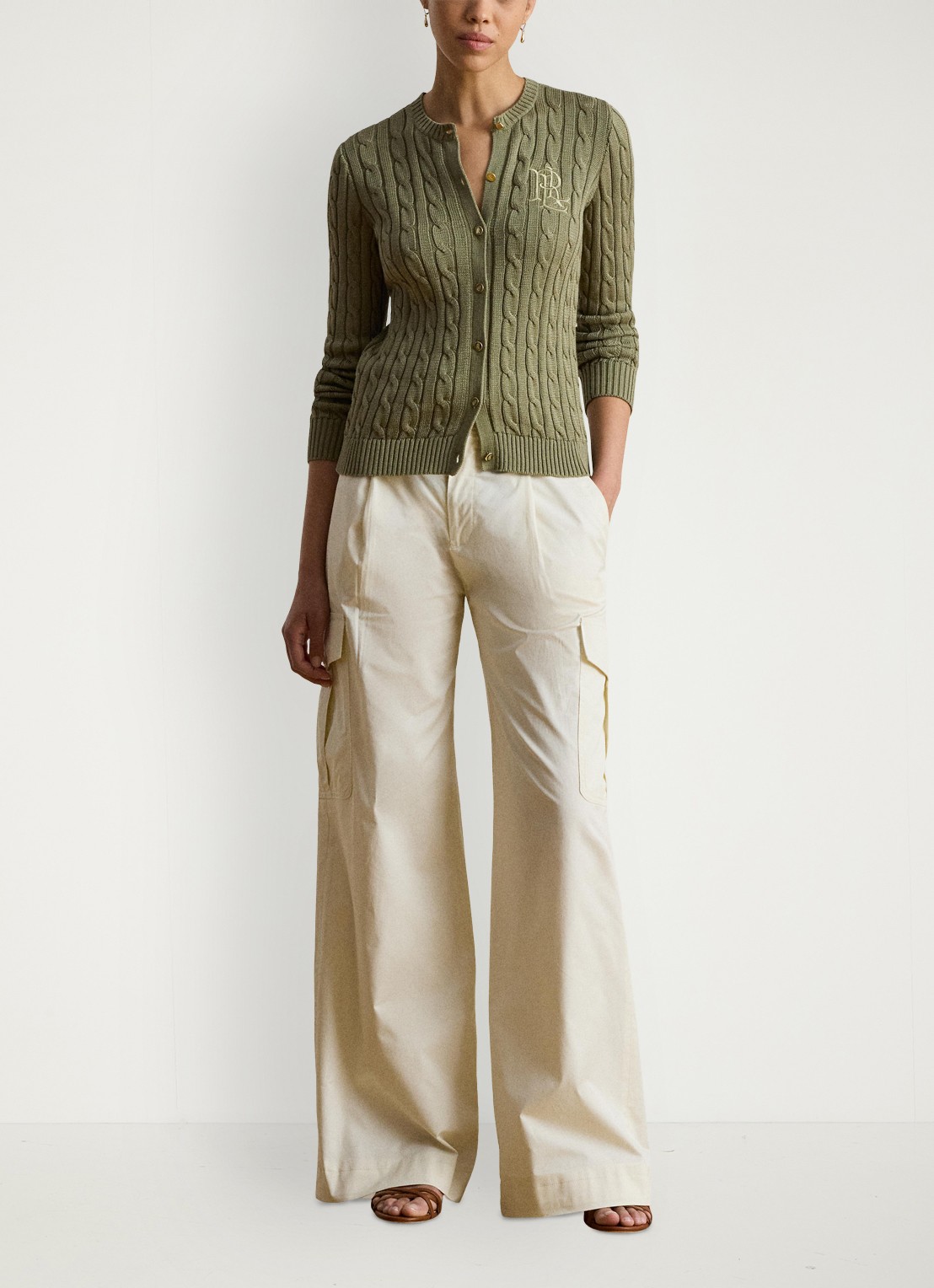 Ralph Lauren Kabelgebreid vest met logoborduring - voorkant 2 light agave / groen