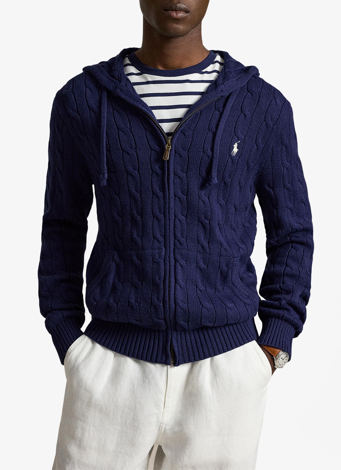 Ralph Lauren Kabelgebreid vest met steekzakken en logo - voorkant 5 bright navy-2x86