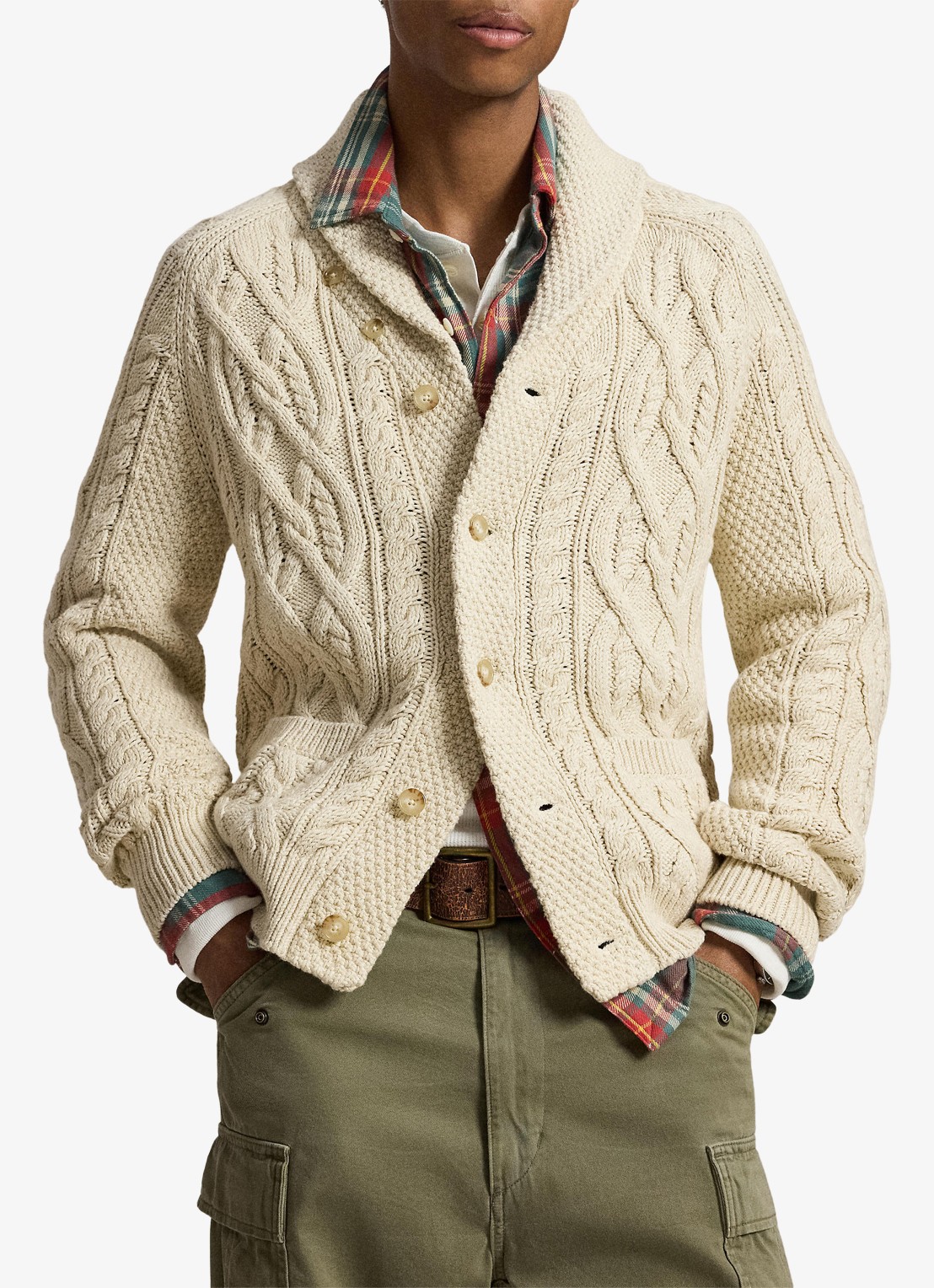 Ralph Lauren Kabelgebreid vest met steekzakken - voorkant 5 oatmeal combo-3pkd / beige