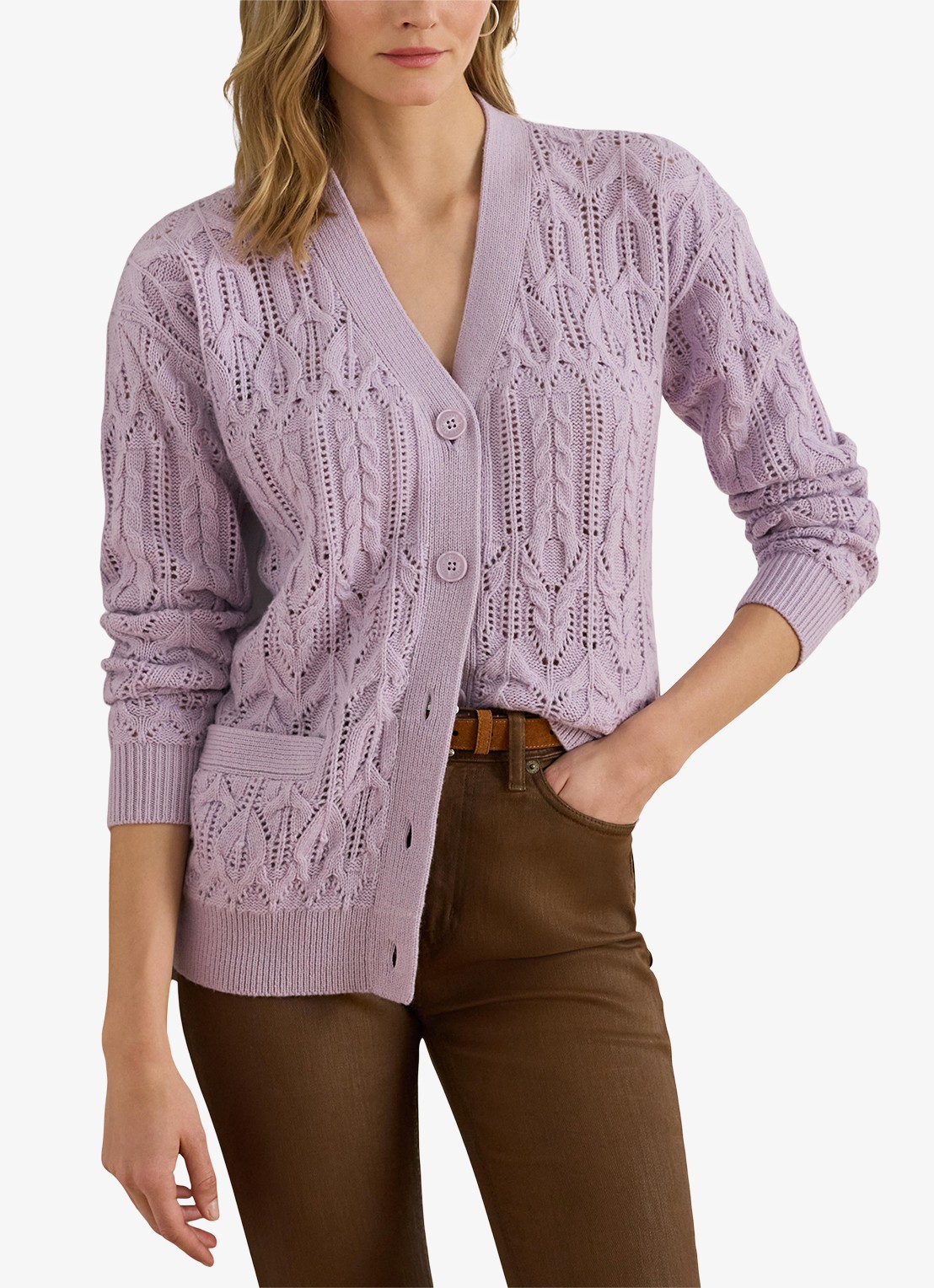 Ralph Lauren Kabelgebreid vest van wolblend met steekzakken - detail 3 lavender frost / lila