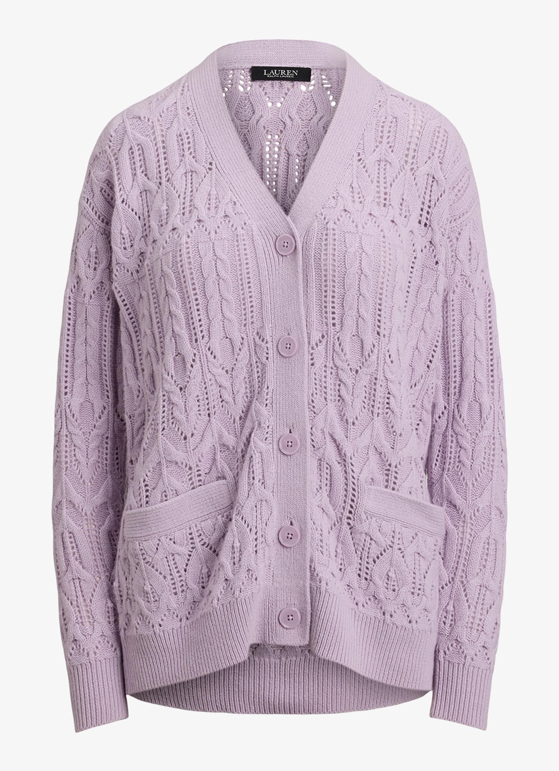 Ralph Lauren Kabelgebreid vest van wolblend met steekzakken - voorkant lavender frost / lila