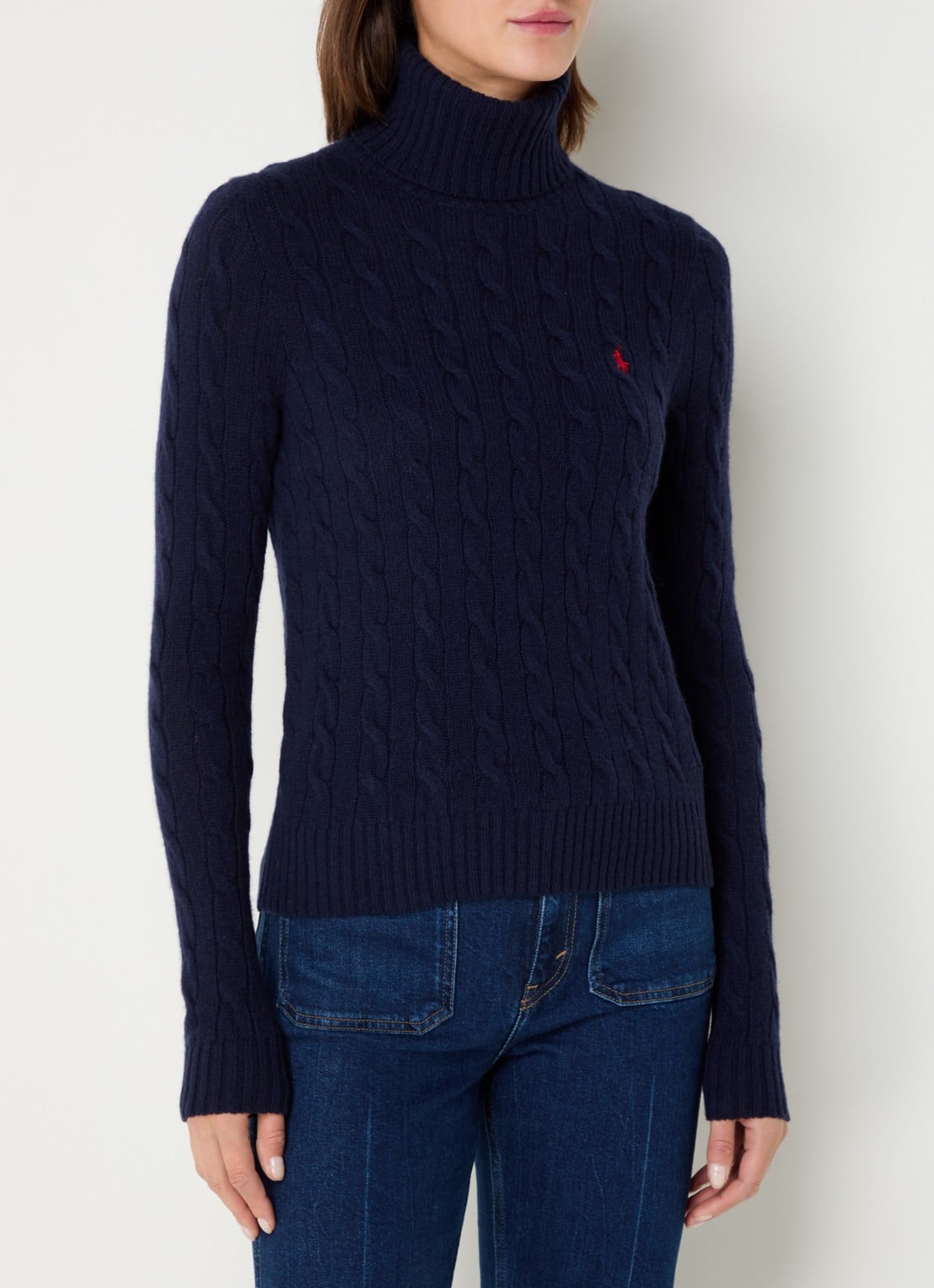 Ralph Lauren Kabelgebreide coltrui in kasjmierblend met logoborduring - detail hunter navy / donkerblauw
