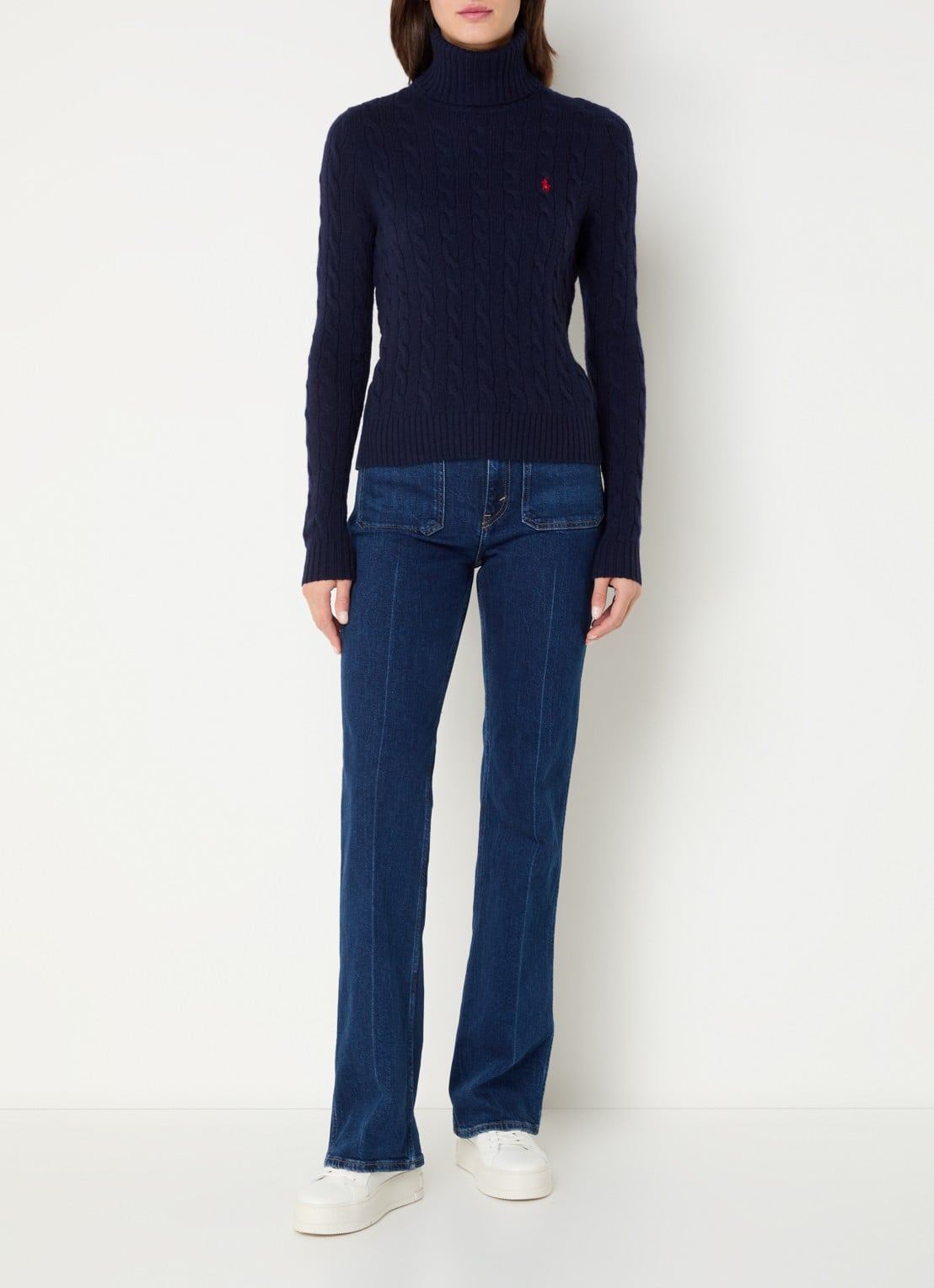 Ralph Lauren Kabelgebreide coltrui in kasjmierblend met logoborduring - voorkant 4 hunter navy / donkerblauw