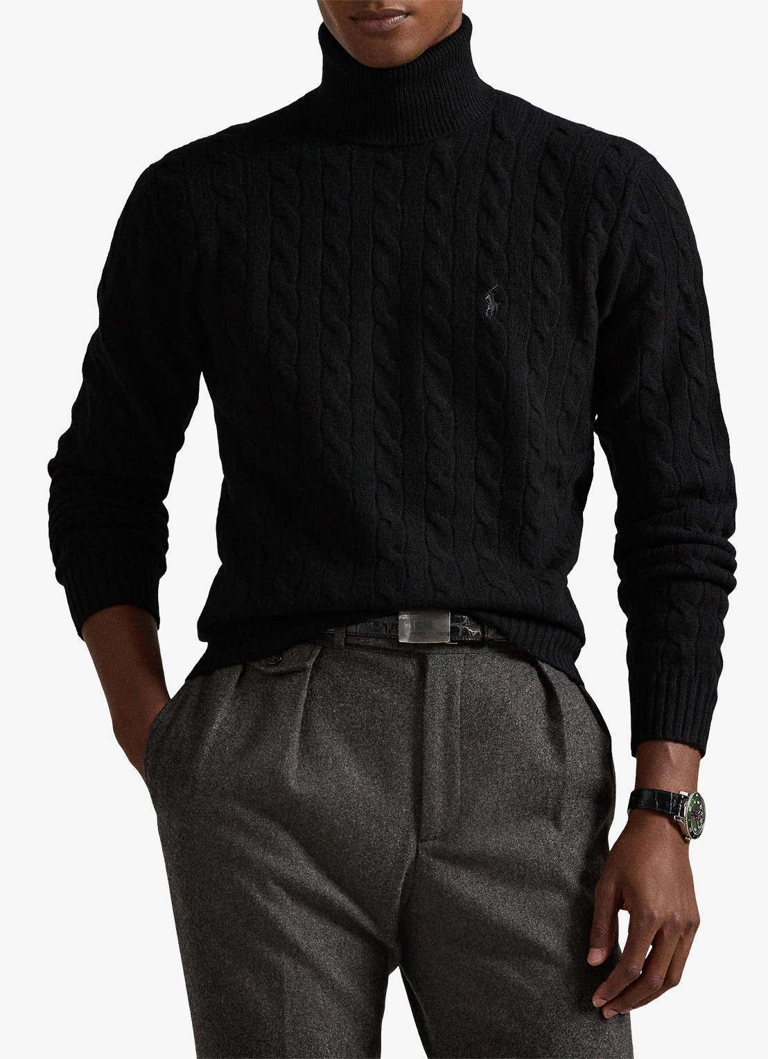 Ralph Lauren Kabelgebreide coltrui in kasjmierblend - voorkant 3 polo black / zwart