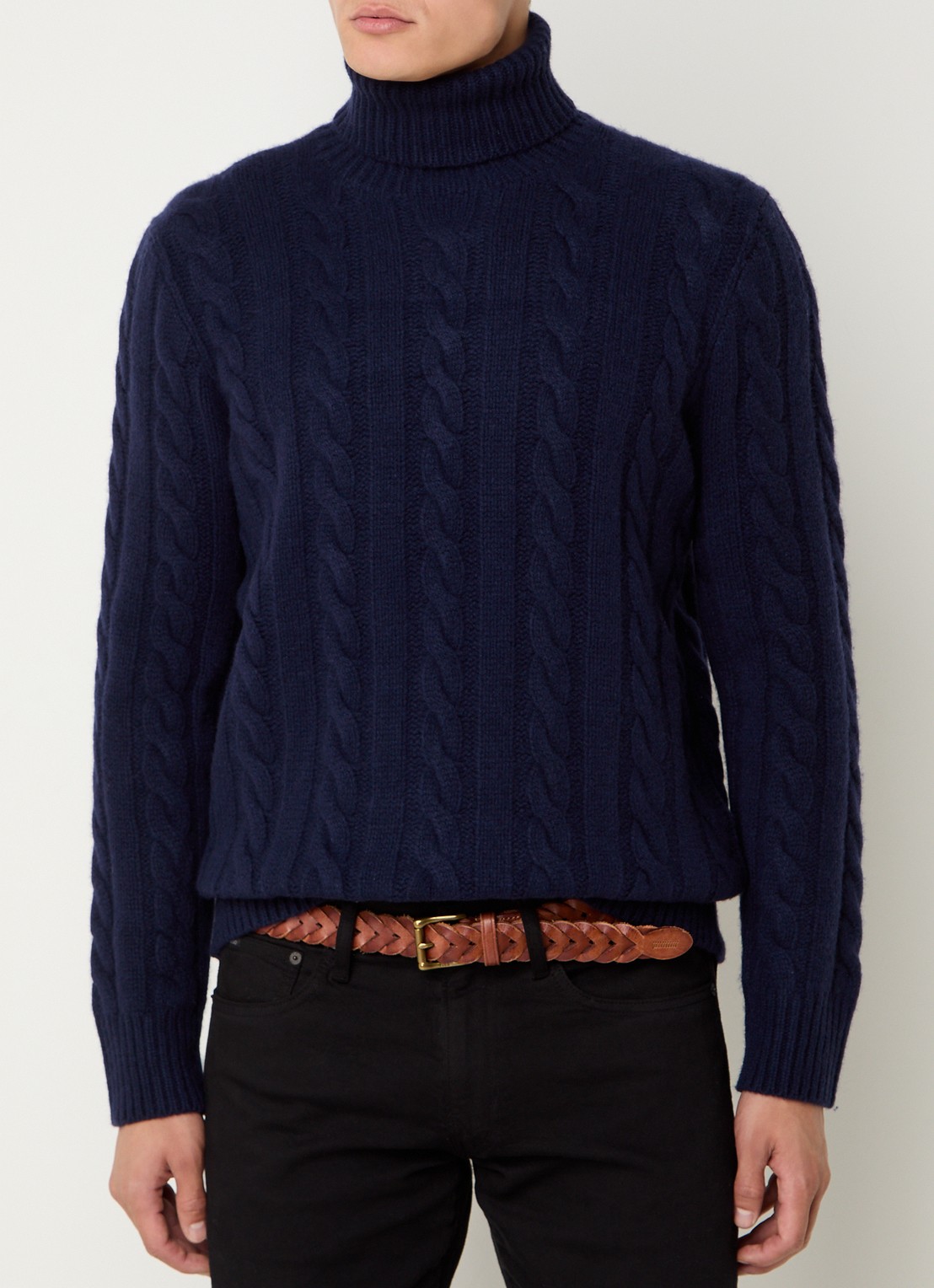 Ralph Lauren Kabelgebreide coltrui in kasjmierblend - detail donkerblauw