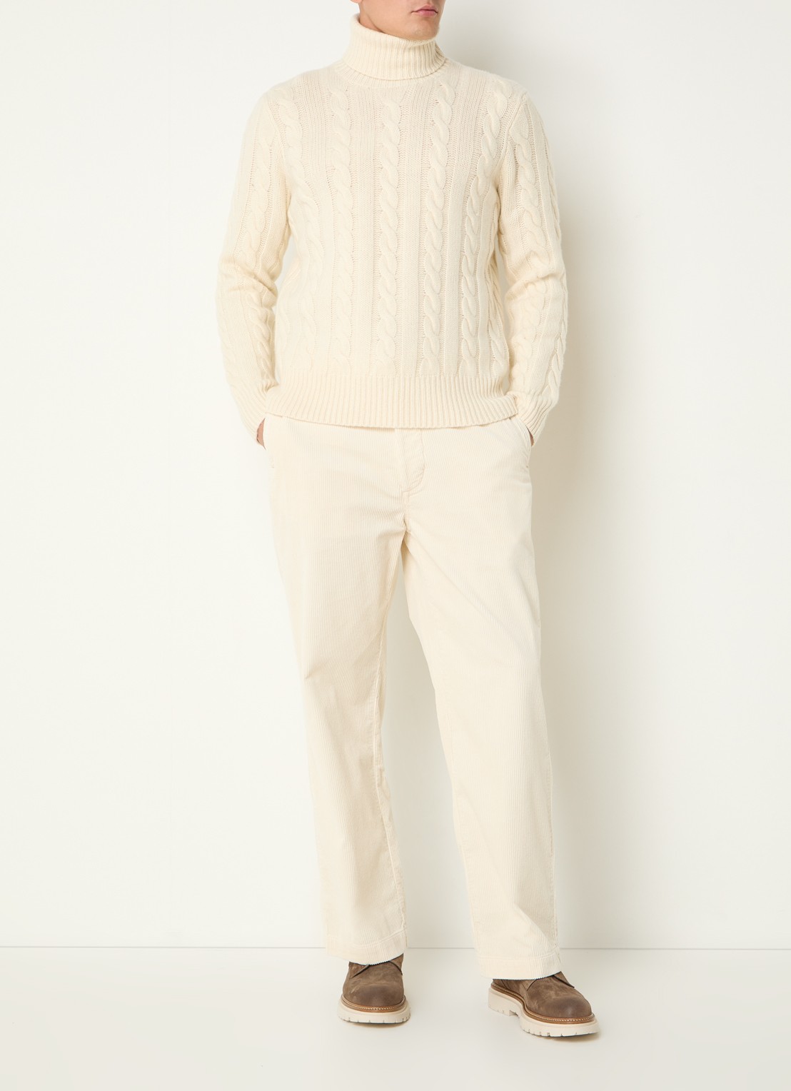 Ralph Lauren Kabelgebreide coltrui in kasjmierblend - voorkant 2 gebroken wit