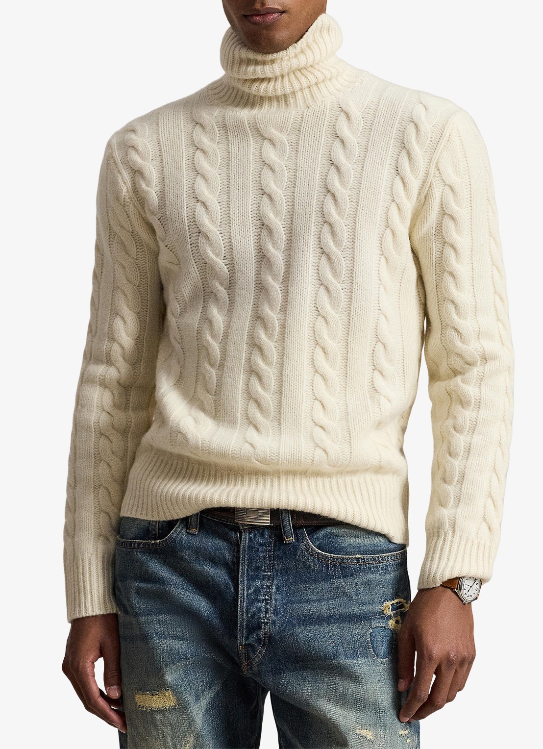 Ralph Lauren Kabelgebreide coltrui in kasjmierblend - detail andover cream / creme