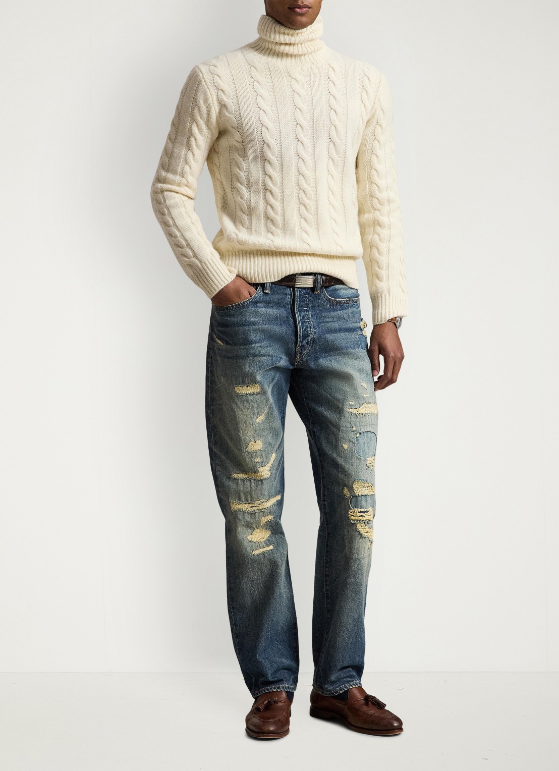 Ralph Lauren Kabelgebreide coltrui in kasjmierblend - voorkant 3 andover cream / creme