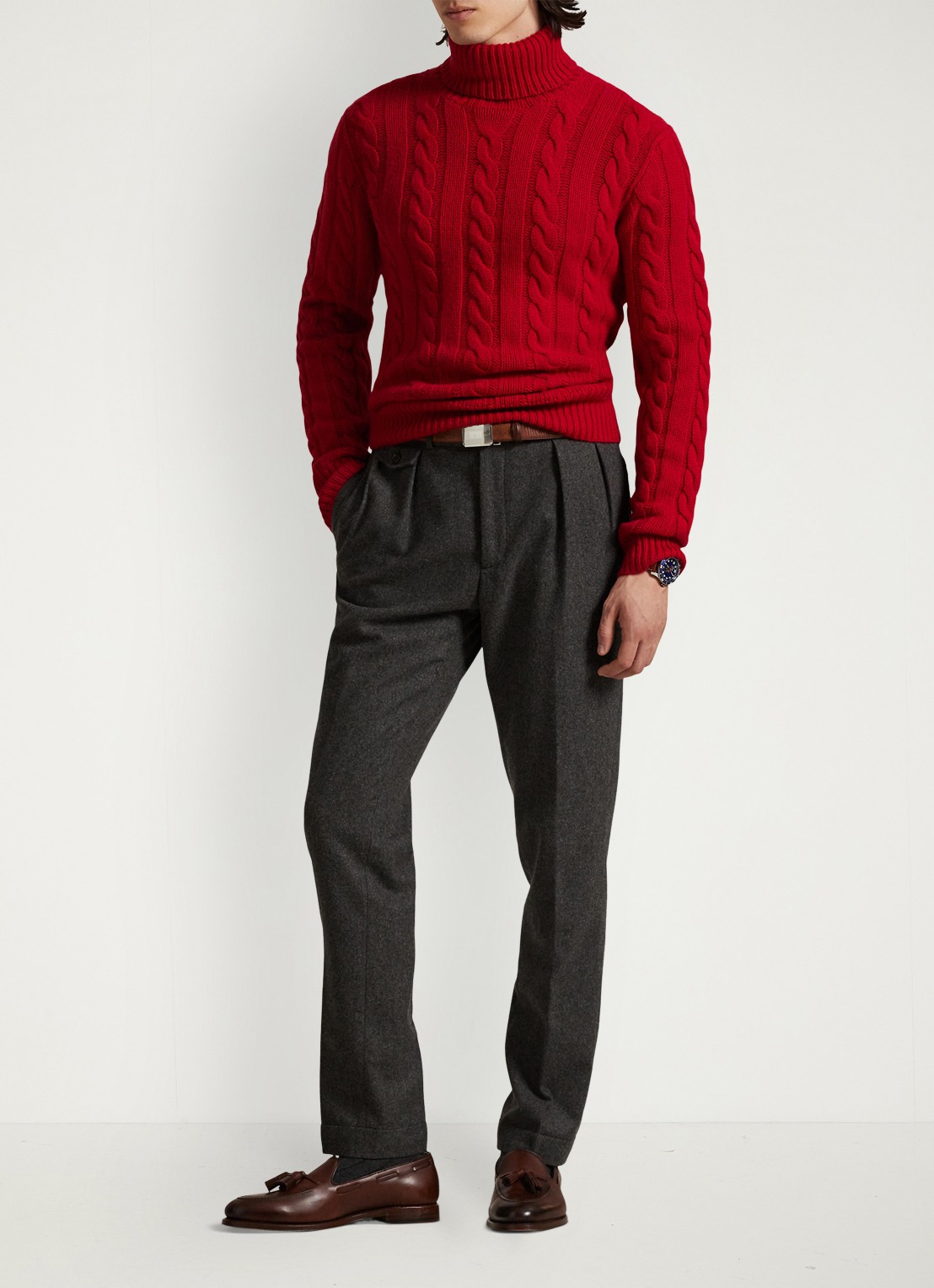 Ralph Lauren Kabelgebreide coltrui in kasjmierblend - voorkant 7 park ave red / rood