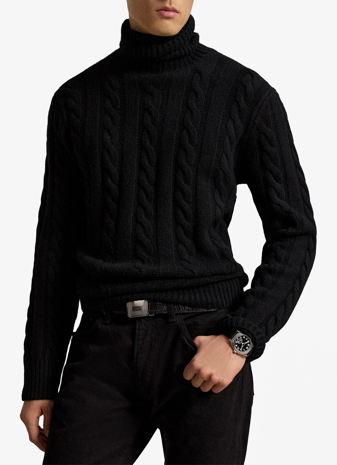 Ralph Lauren Kabelgebreide coltrui in kasjmierblend - detail polo black / zwart