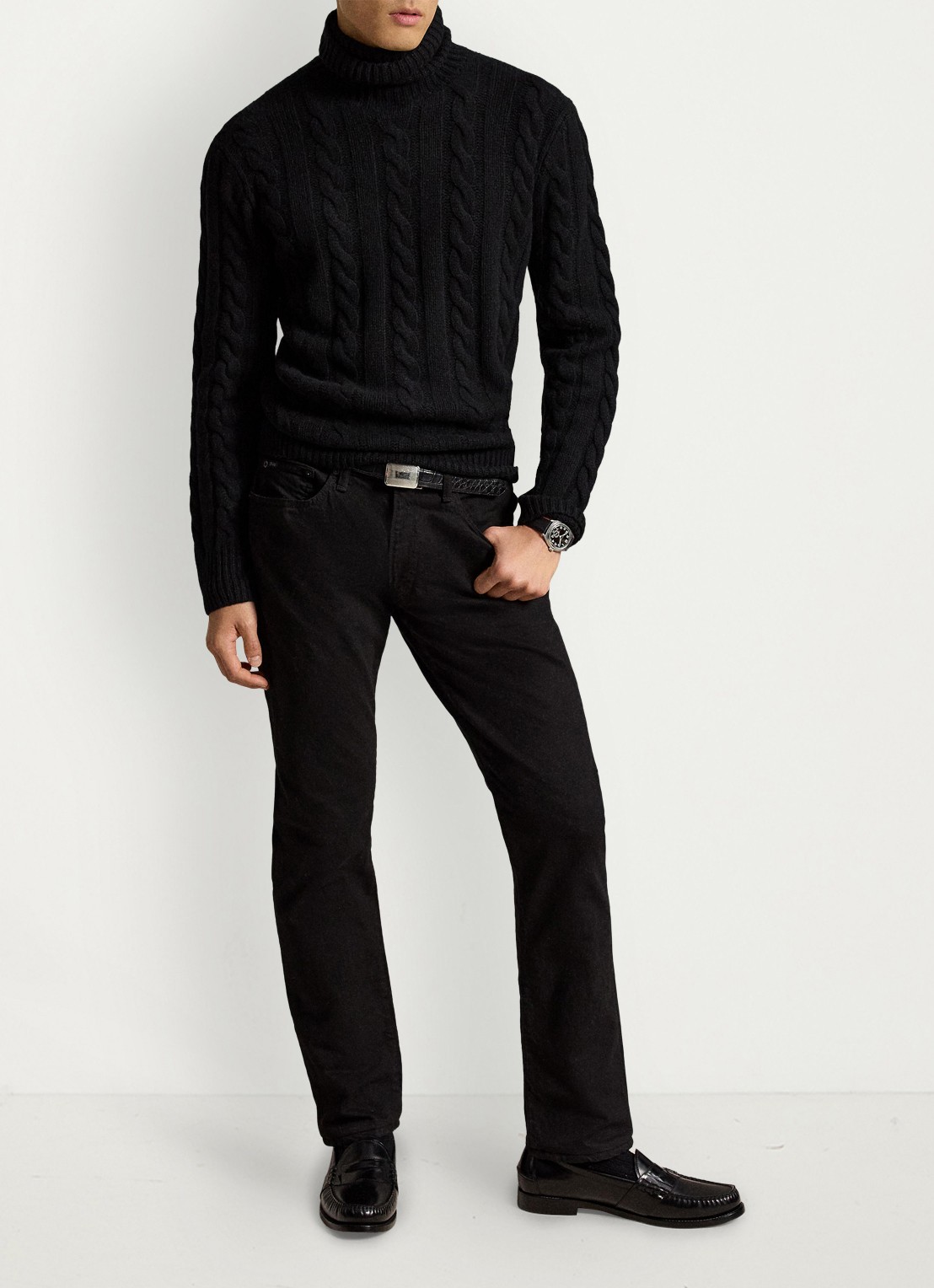 Ralph Lauren Kabelgebreide coltrui in kasjmierblend - voorkant 3 polo black / zwart