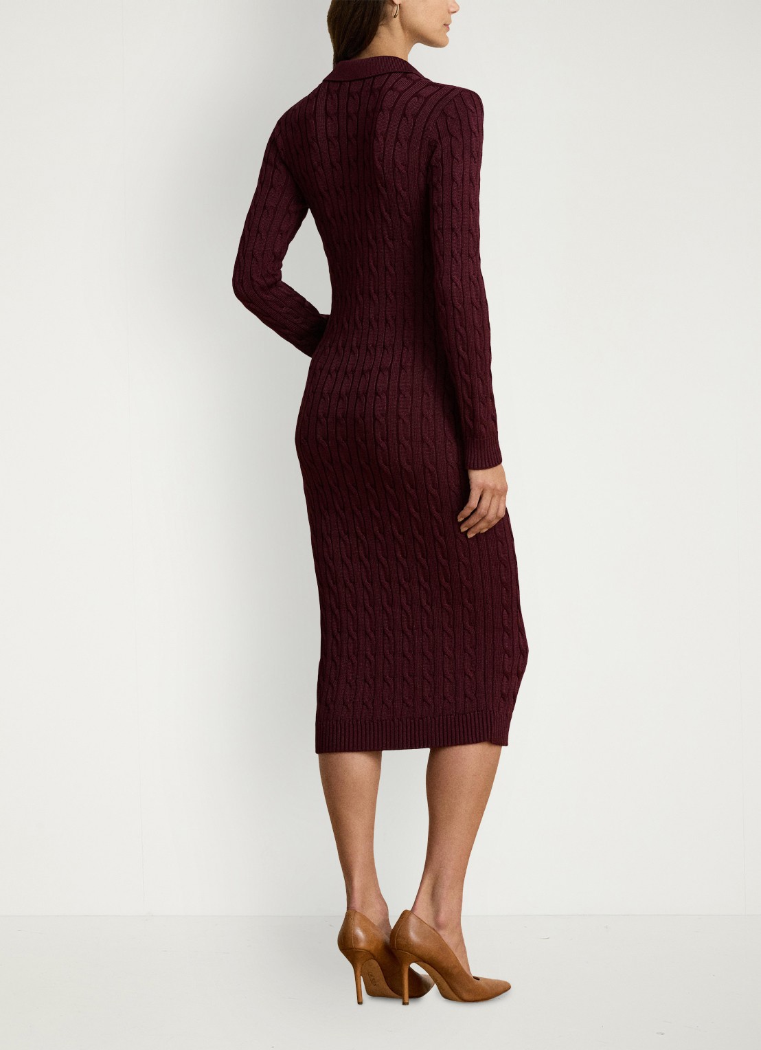 Ralph Lauren Kabelgebreide midi trui-jurk met kraag - achterkant 3 dark garnet / bordeauxrood