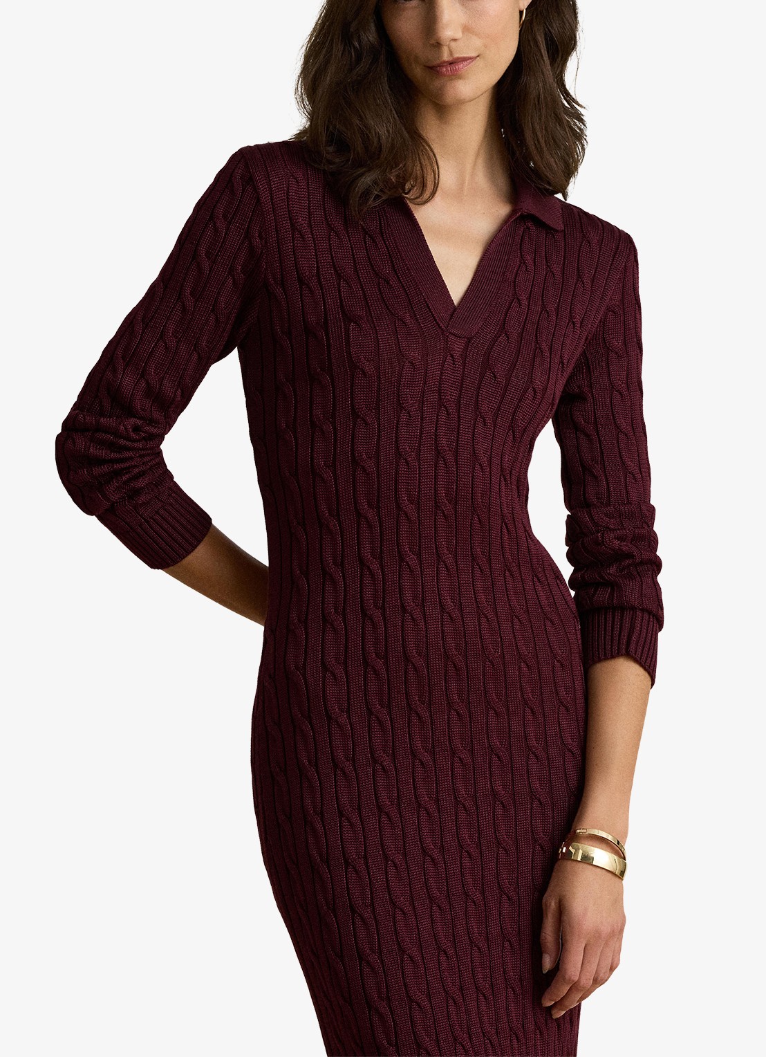 Ralph Lauren Kabelgebreide midi trui-jurk met kraag - detail 4 dark garnet / bordeauxrood