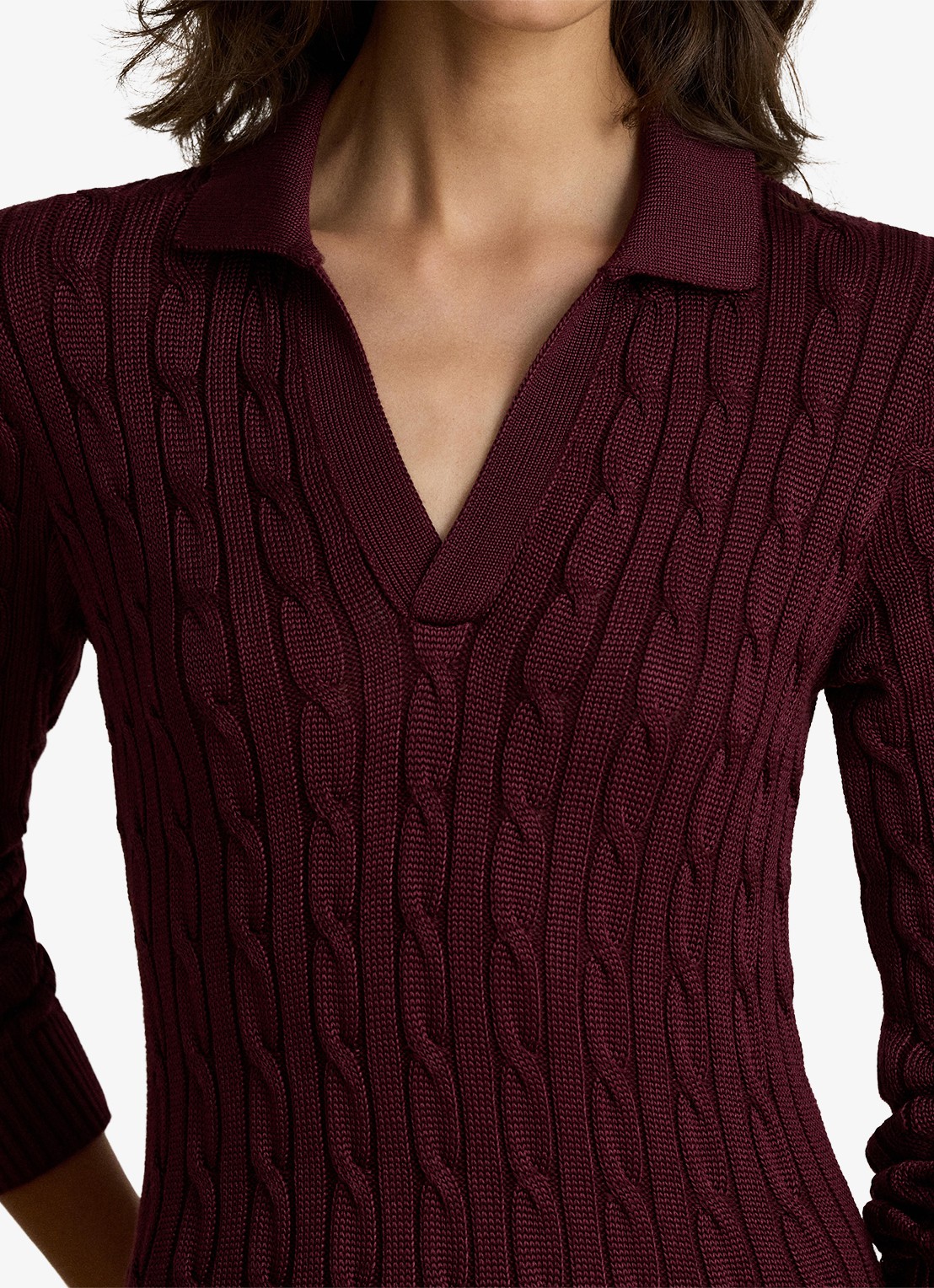 Ralph Lauren Kabelgebreide midi trui-jurk met kraag - detail 5 dark garnet / bordeauxrood